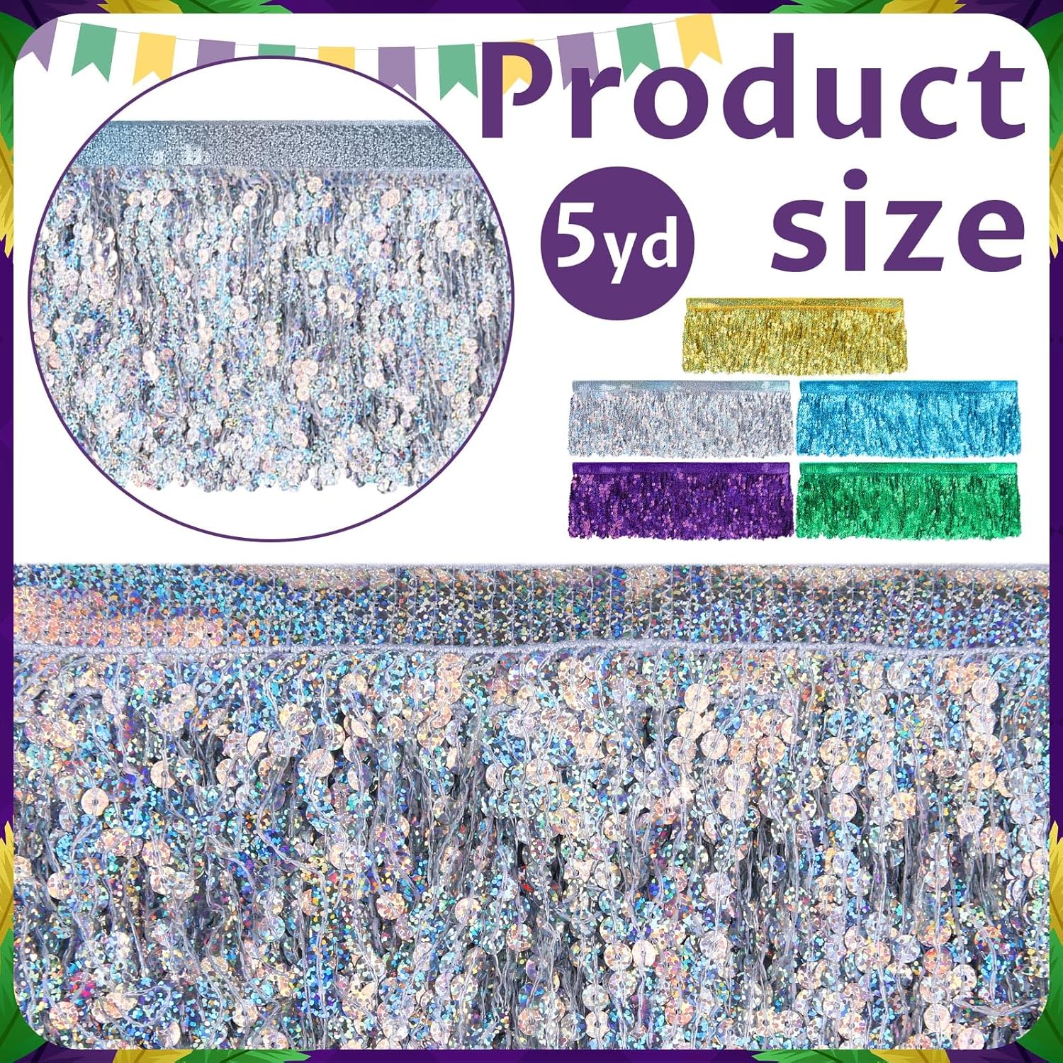 Lyrow 25 Yards Sequin Fringe Trim 6 Inch 5 Colors (Purple, Gold, Green, Blue, Silver) Sparkly Tassel Ribbon for DIY Clothing Home Decor Party Backdrop Curtain Wedding Stage Dress Sewing Craft Supplies