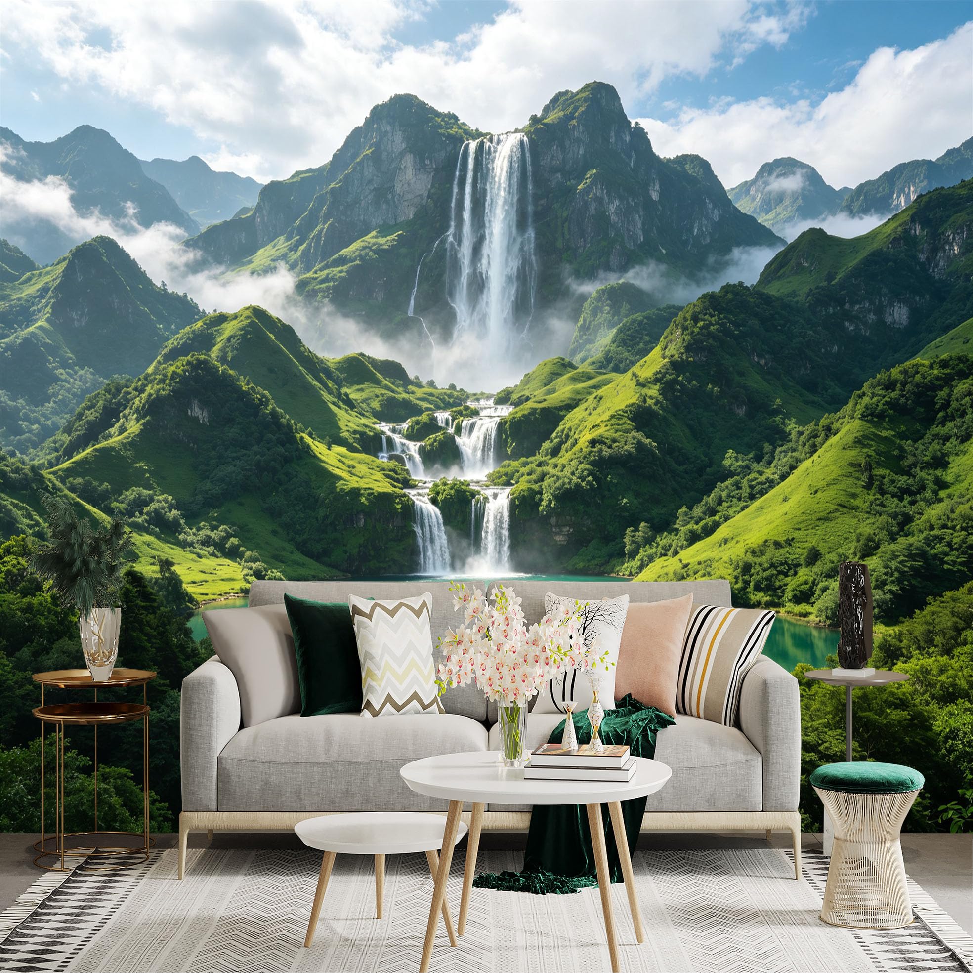 Custom Size Wall Sticker Mural， Majestic Waterfall， Lush Green Mountains， Serene Turquoise Lake， for wall Decoration， peelandstick wall Decals.