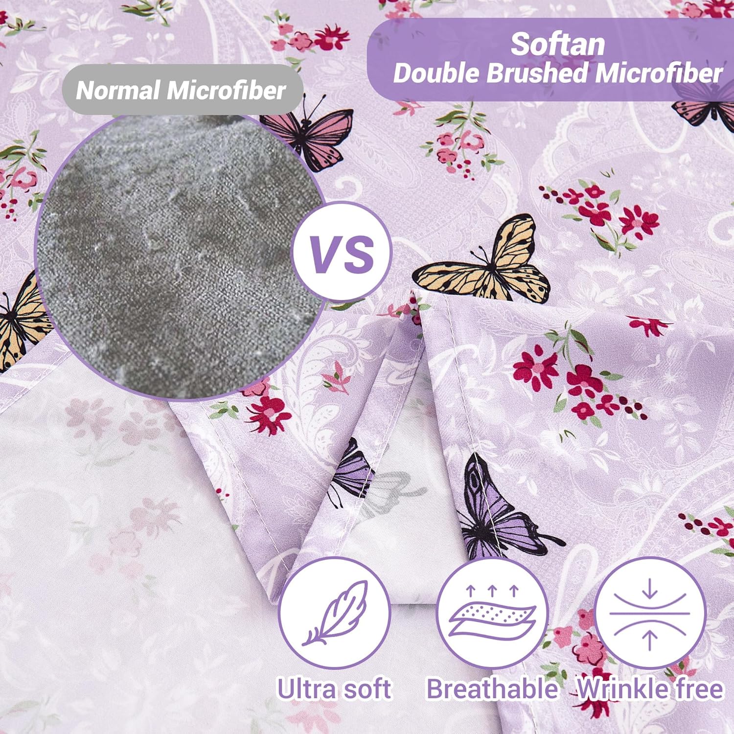 Softan Floral King Bed Sheets, Purple Paisley Flower Printed Sheet Set - Brushed Microfiber King Fitted Sheet with 15" Deep Pocket and Corner Straps, Butterfly Patterned Sheet & Pillowcase Sets - Image 3