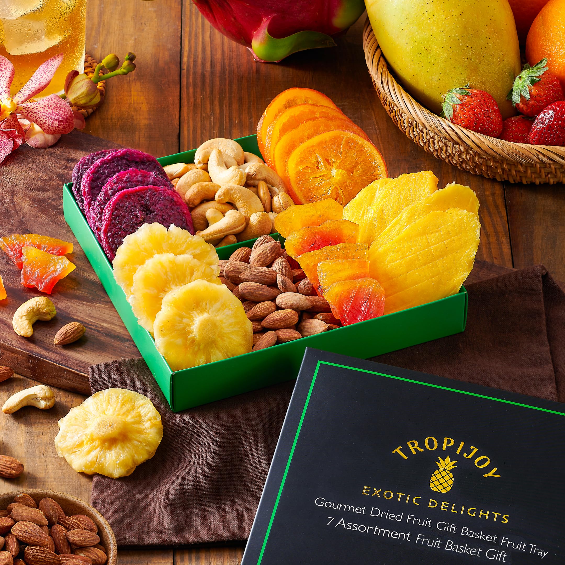 Dried Fruit Gift Basket - 7 Tropical Flavor Dried Fruit Basket Gift |12.5oz Soft Dried Fruit and Nuts Gift Basket - Dry Fruits Gift Box | Healthy Food Gifts for Men Food Gift Baskets for Women Dad Mom