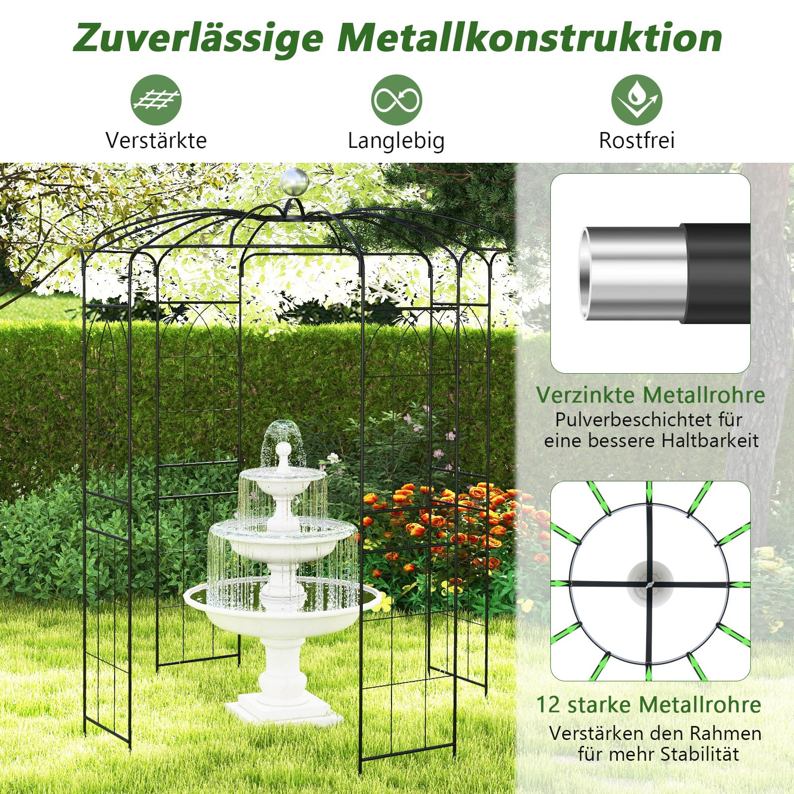 COSTWAY Rosenbogen Metall Rosenpavillon, Gartenbogen für Kletterpflanzen, Torbogen Garten, Rosengitter Rankhilfe, Rankgitter Gartenpavillon, Rankbogen für Veranda Hochzeit Partys, 198 x 198 x 284 cm