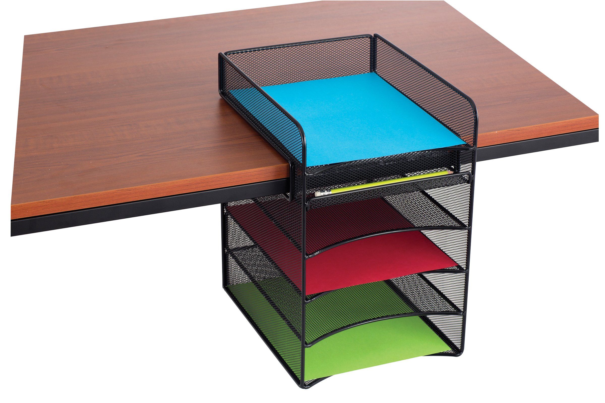 SafcoProducts Onyx Mesh 5-Tray Underdesk Hanging Organizer 10.25" W x 12.37" D x 14.37" H Easy Assembly Black Powder Coat Finish Durable Steel Mesh Construction 20 lb Capacity