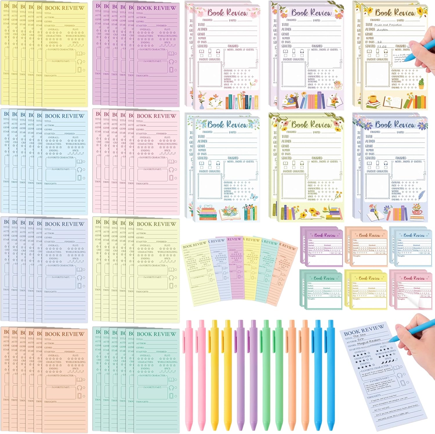 L1rabe Colorful Book Review Set - Spring Easter Gift 12 Book Review Sticky Notes 48 Bookmarks 12 Notepad 12 Pens for Lover Reader Bookish Bookworm Gift, Reading Tracker Log Marker Sticker for Student