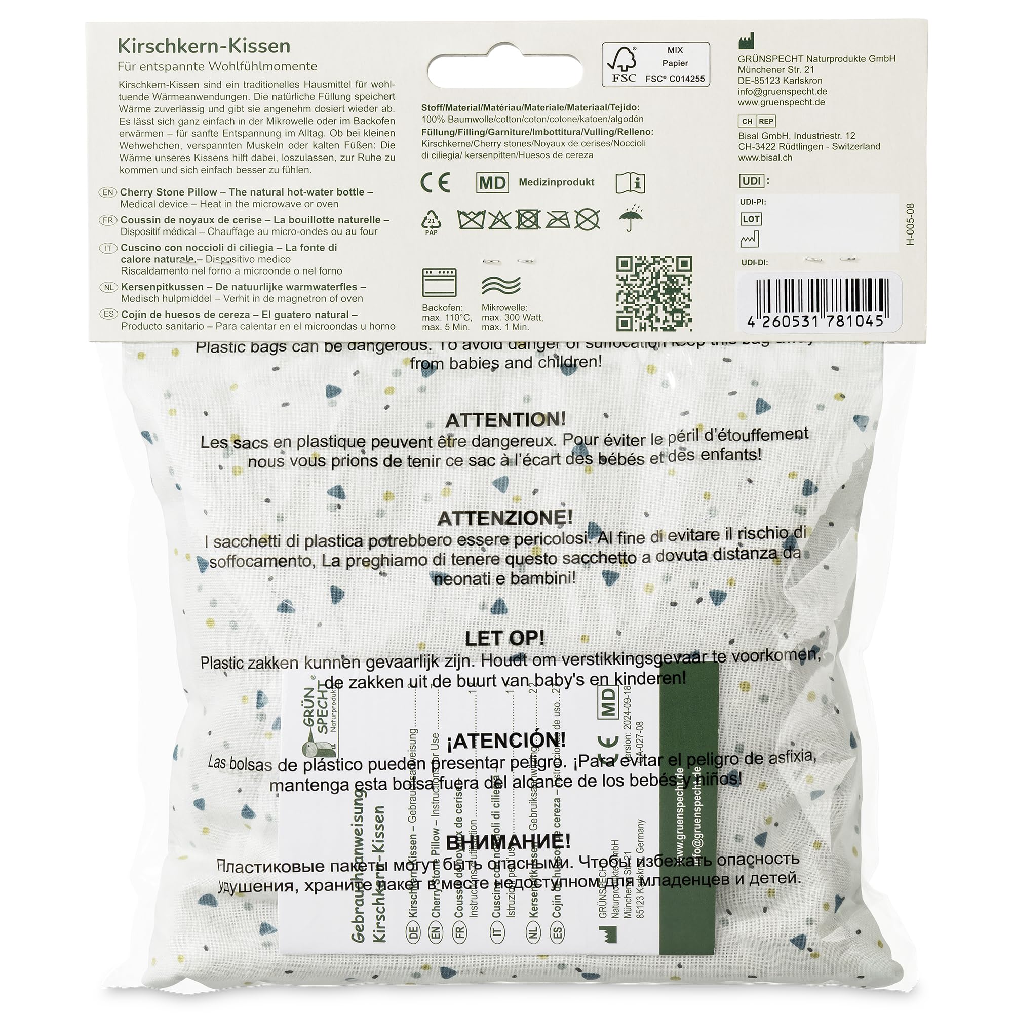 GRÜNSPECHT Coussin chauffant noyaux de cerises 19 x 19 cm Housse coton micro-ondes four vert
