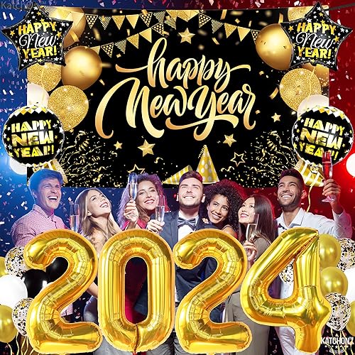 Miniatura 8 de KatchOn, Juego de suministros para fiesta de Año Nuevo 2024, grande, paquete de 41  Cartel de feliz año nuevo negro y dorado, números de globos