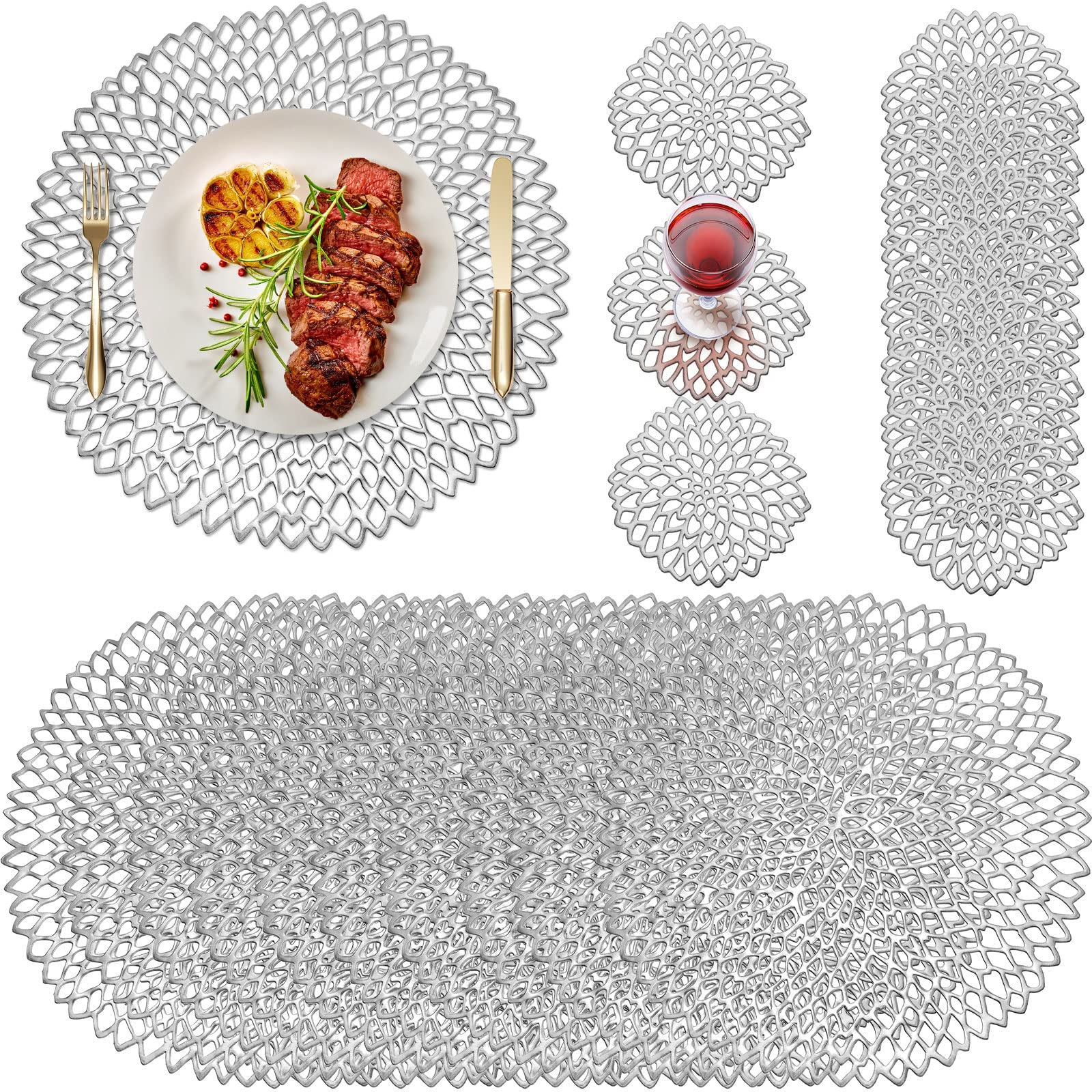 Vesici Round Pressed Vinyl Placemats Metallic Placemats Coasters Set Including Placemats and Coasters Hollow Round Table Mats for Wedding Dinner Party Table Supplies (Silver, 40 Pcs)