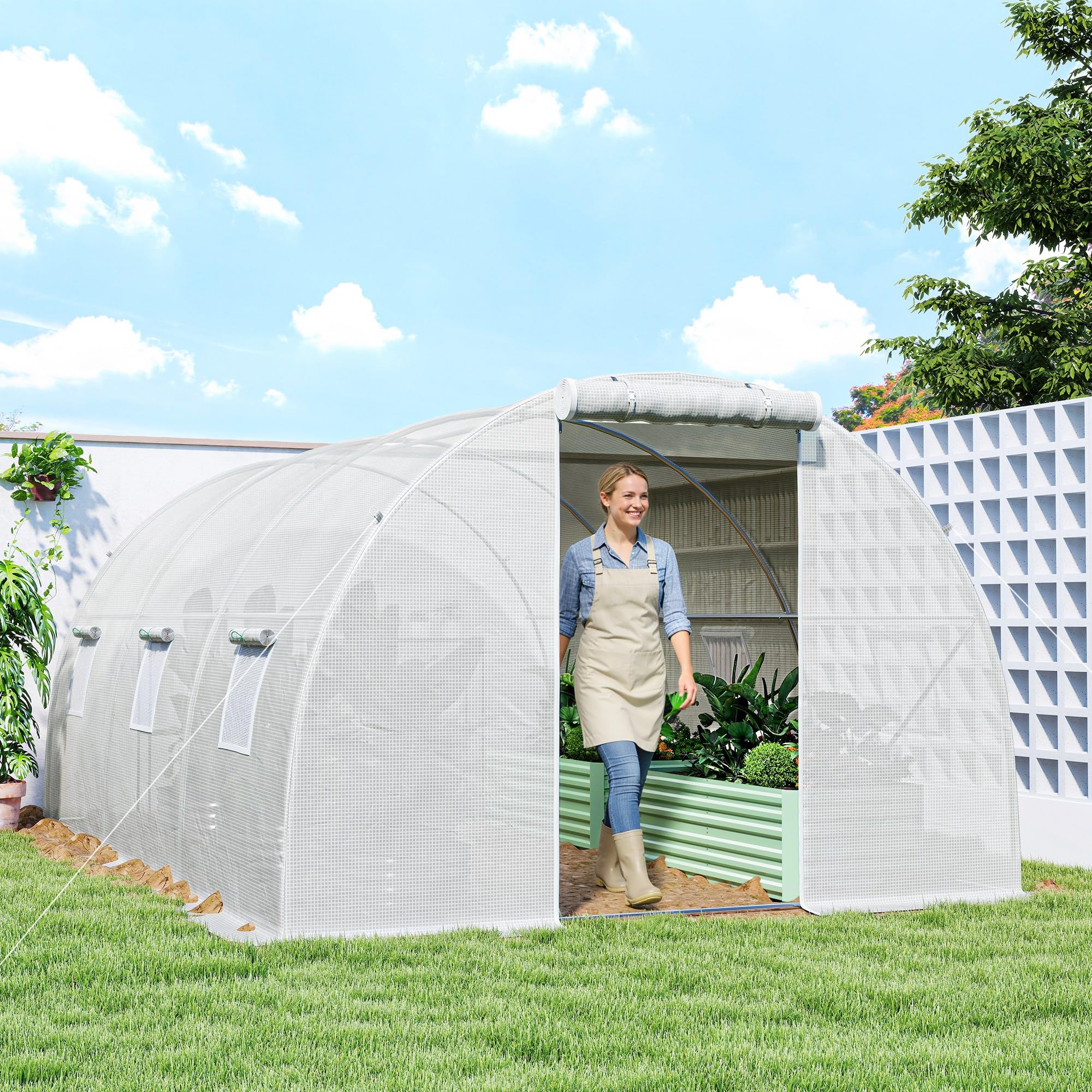 Outsunny Serre de Jardin Tunnel 13,5 m² 4,5L x 3l x 2H m - 6 fenêtres, Porte zippée Enroulable - châssis Tubulaire Acier galvanisé, bâche PE Haute densité Blanc