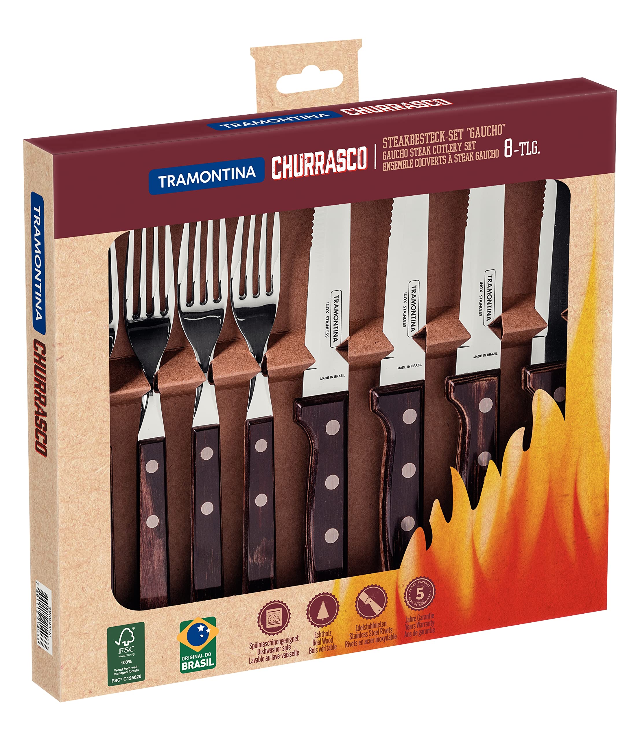 TRAMONTINA - Set di posate Churrasco, per carne, in acciaio inox e manici in legno polywood in colore castano, utensili con rivetti, 8 pezzi