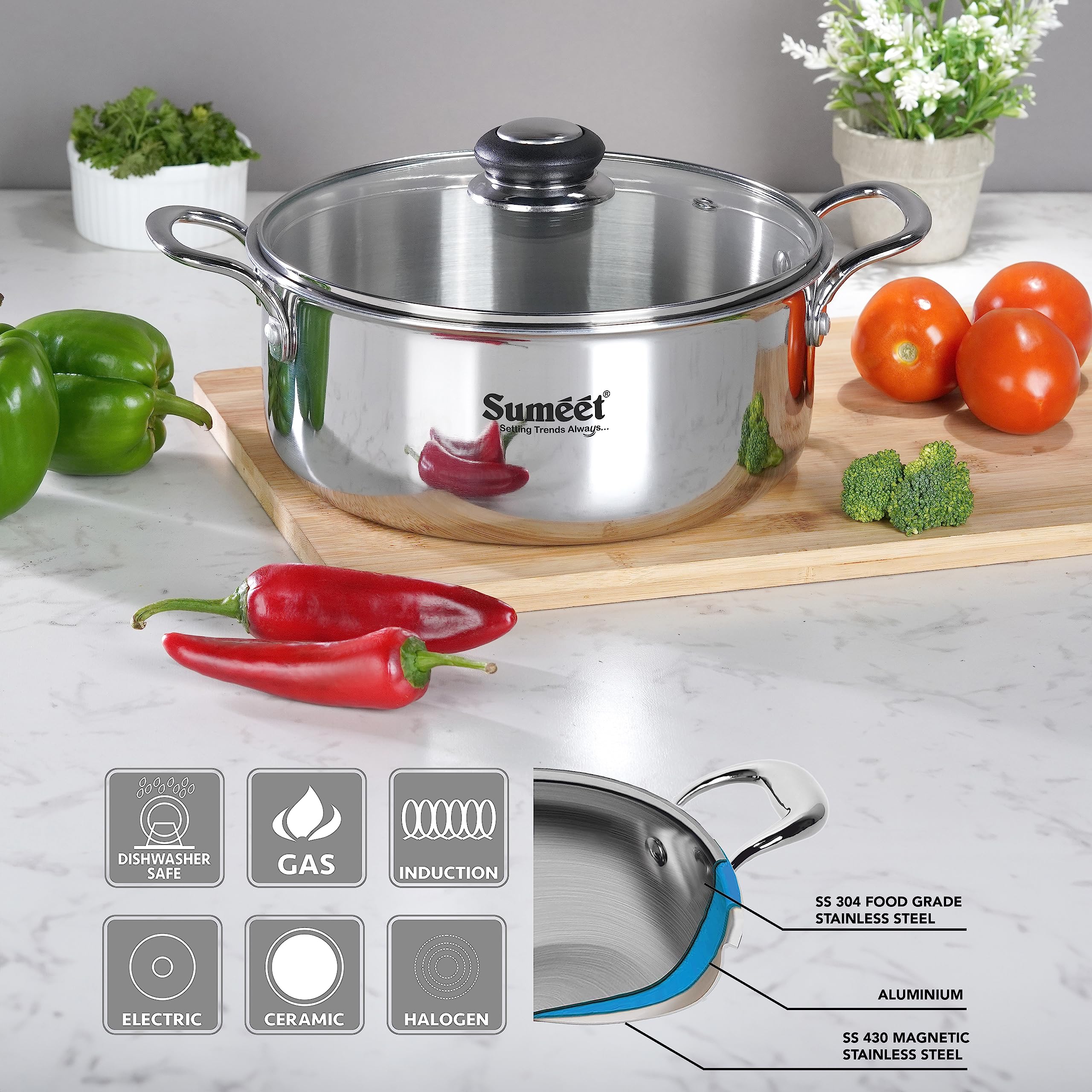 Sumeet Cook Smart TriPly Steel-Aluminium-Steel - 3 Layers Casserole/Biryani Pot/Stock Pot with Glass Lid- 5.2Ltr - 26Cm, Silver, Polished, 5.2 Liter 3