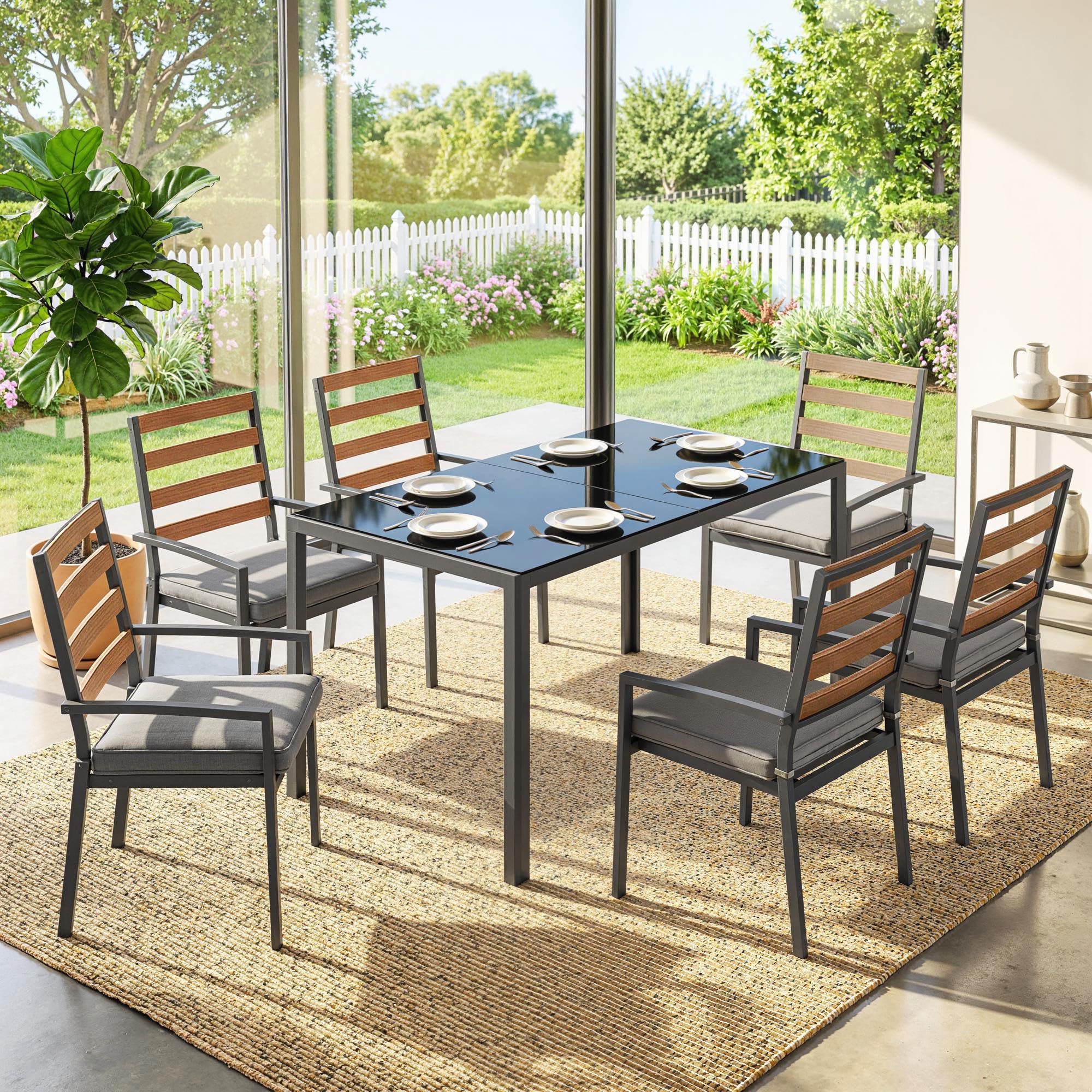Outsunny Set Tavolo e Sedie da Giardino 7 Pezzi, Set Pranzo Esterno con Tavolo da Giardino Rettangolare in Vetro Temperato, 6 Sedie, Cuscini, Struttura Acciaio Zincato per Terrazza Balcone, Nero