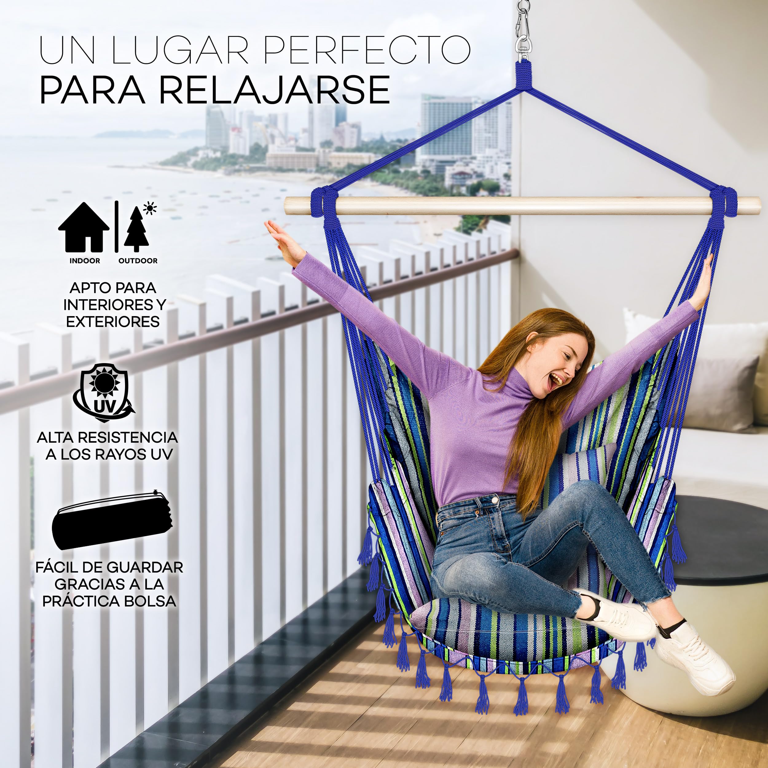 tillvex Silla Colgante hasta 150 kg | Columpio para Colgar en Exterior e Interior | Hamaca con Cuerda, Cojines y Flecos | Kit de Suspensión para Jardín, Terraza, Balcón (Multicolor (con 2 Cojines))