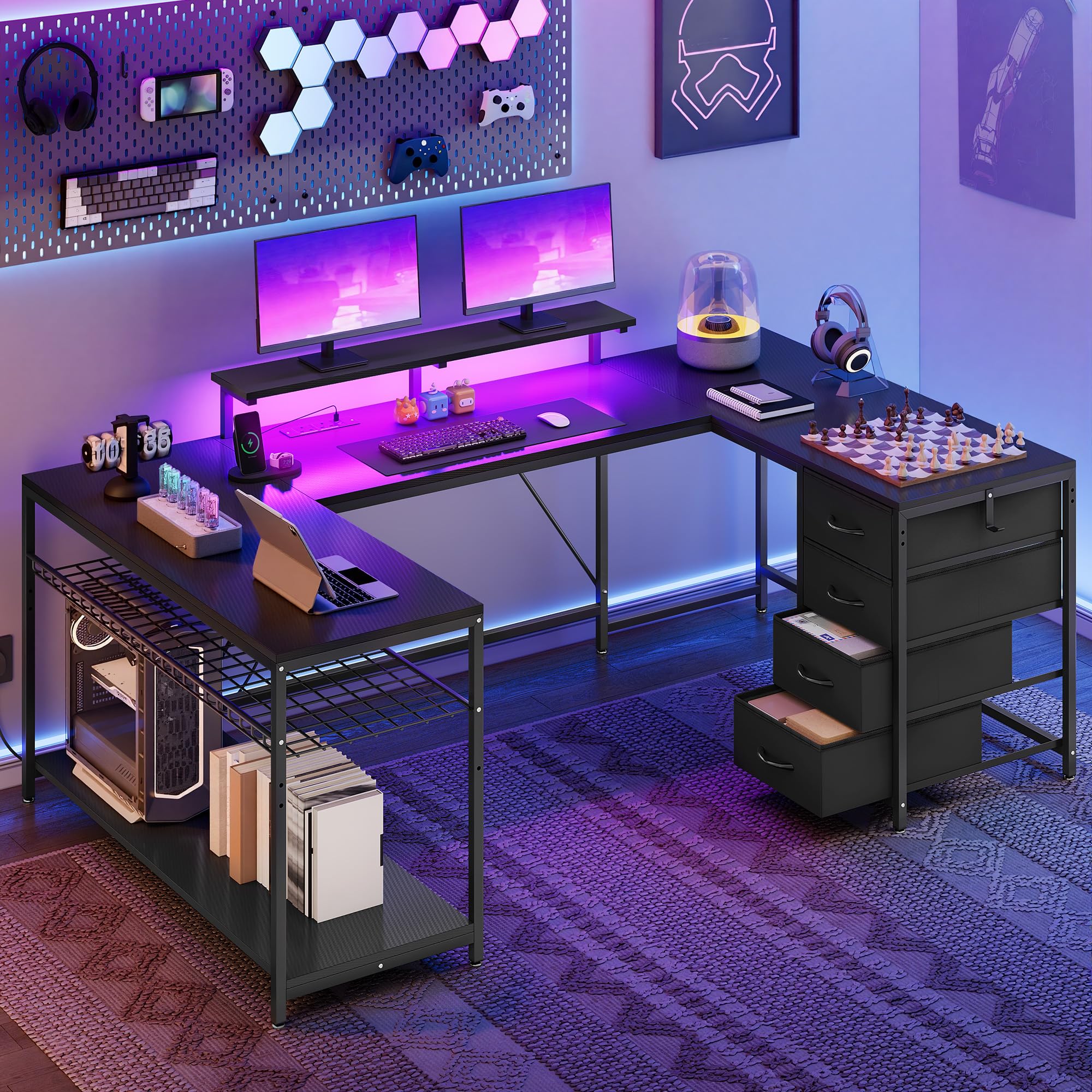 YITAHOME Eckschreibtisch mit 4 Schubladen & Stauraum, 158 x 100cm Gaming Schreibtisch mit LED & Monitorständer für Home Office, Reversible Eck Schreibtisch mit 2 Steckdosen und USB, Schwarz
