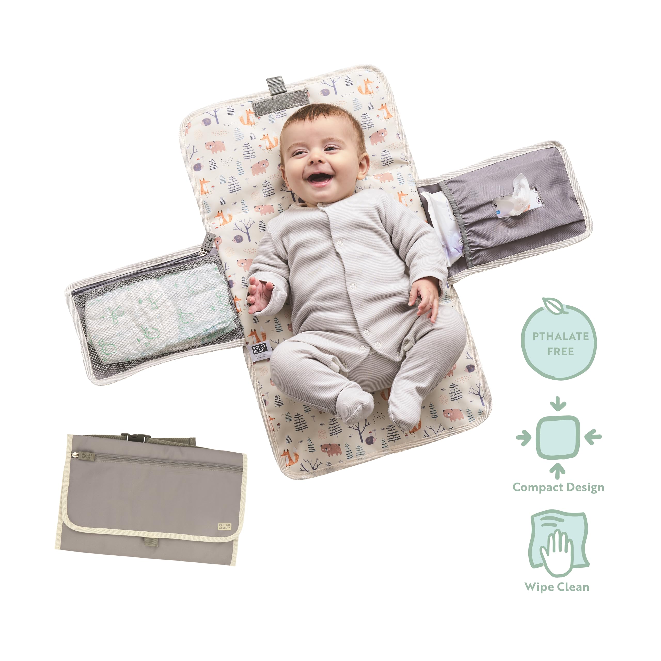 Polar Gear Matelas à langer portable avec poches ailées pour lingettes et couches | Matelas à langer de voyage lavable en machine avec poche de rangement avant, poignée et clip | Essentiels pour