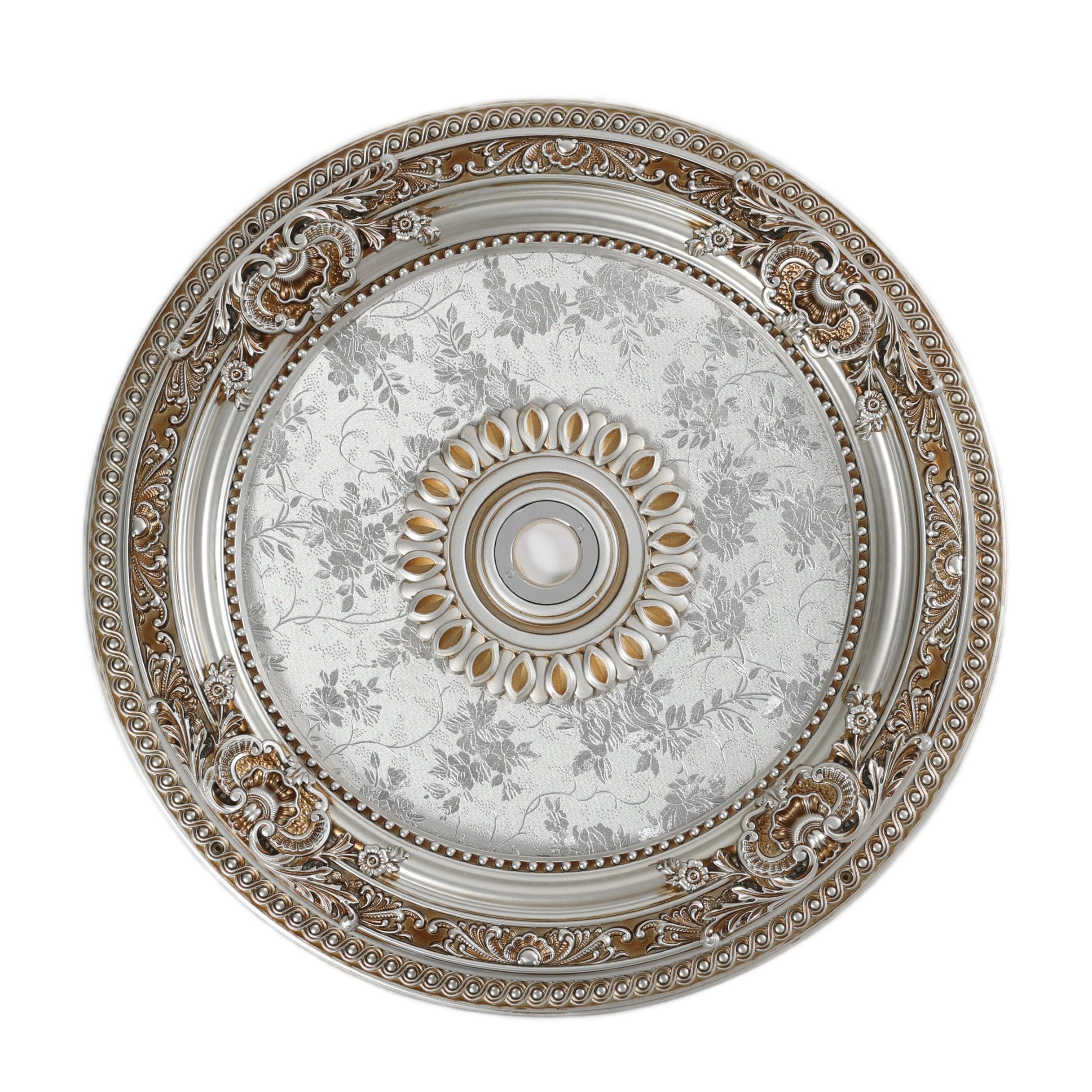 Large Ceiling Medallion, 31.5 Inch, Silver and Gold, Floral Embossed, for Light Fixtures and Chandeliers — Amazon image 9