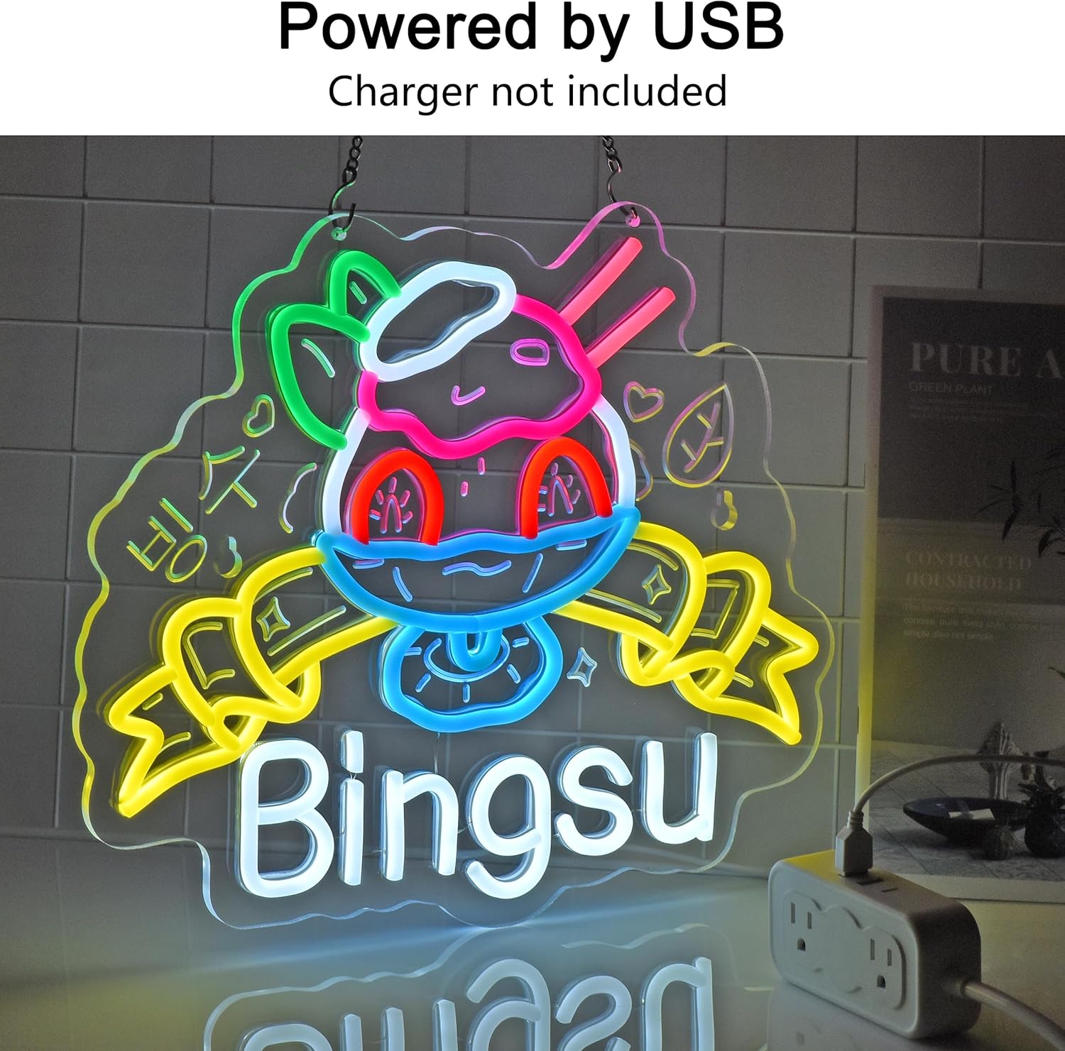 Bingsu빙수 Neon Sign, Neon Lights Hanging Wall Art Decoration for Korean Restaurant Shaved Ice Shop Bar Cafe Party Kitchen Home Decor, USB Powered, Ultra Bright & Dimmable, 15×12.2Inches