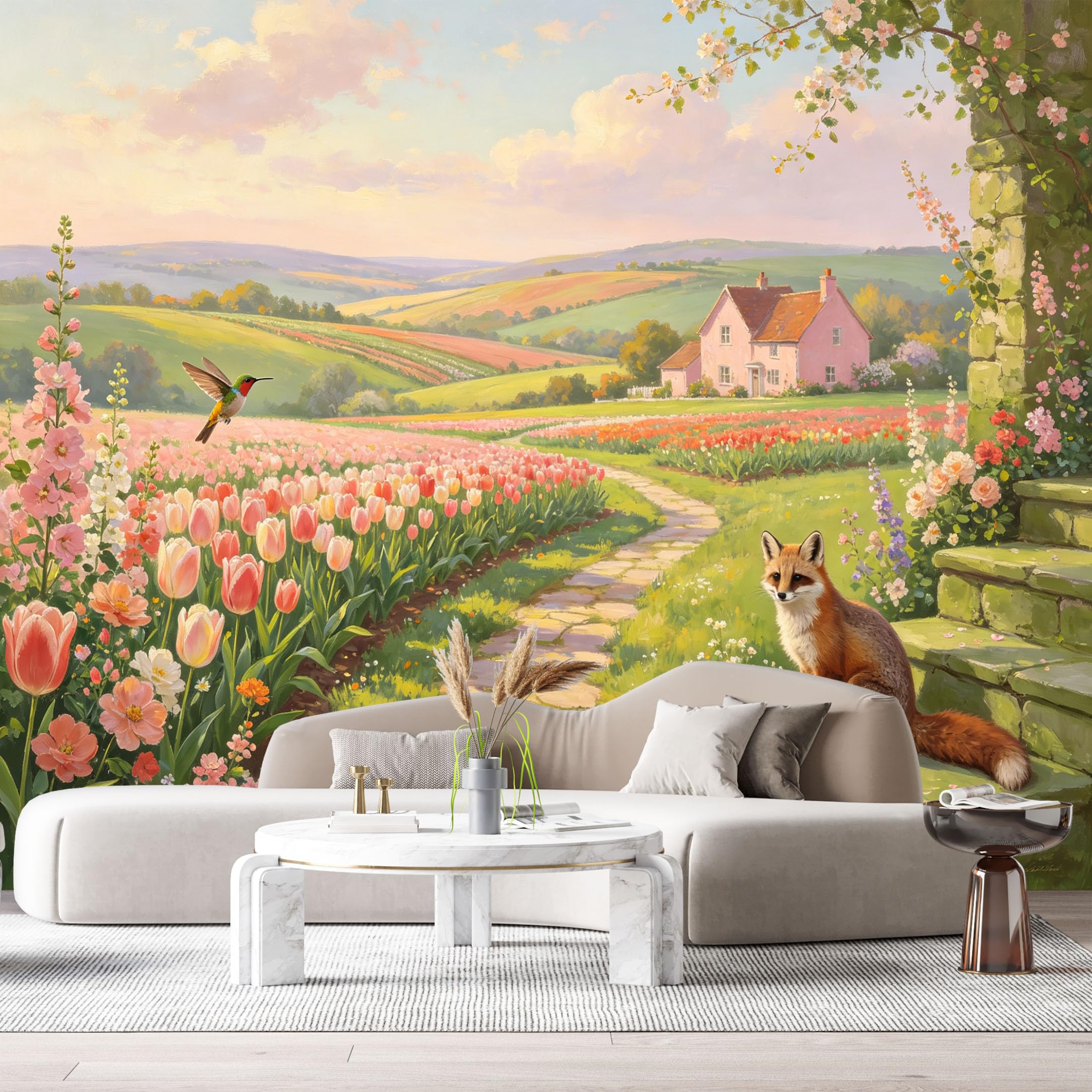 Custom Size Wall Murals Farmhouse American Country Oil Painting Tulip Field Hummingbird Fox SelfAdhesive Wall Fabric Removable Large Wallpaper for Photo Living Room