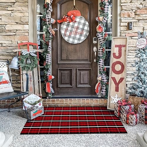 Tapete de Navidad a cuadros para exteriores, 2 x 4.3 pies, color rojo, lavable a máquina, de algodón, para interiores y exteriores, alfombra de