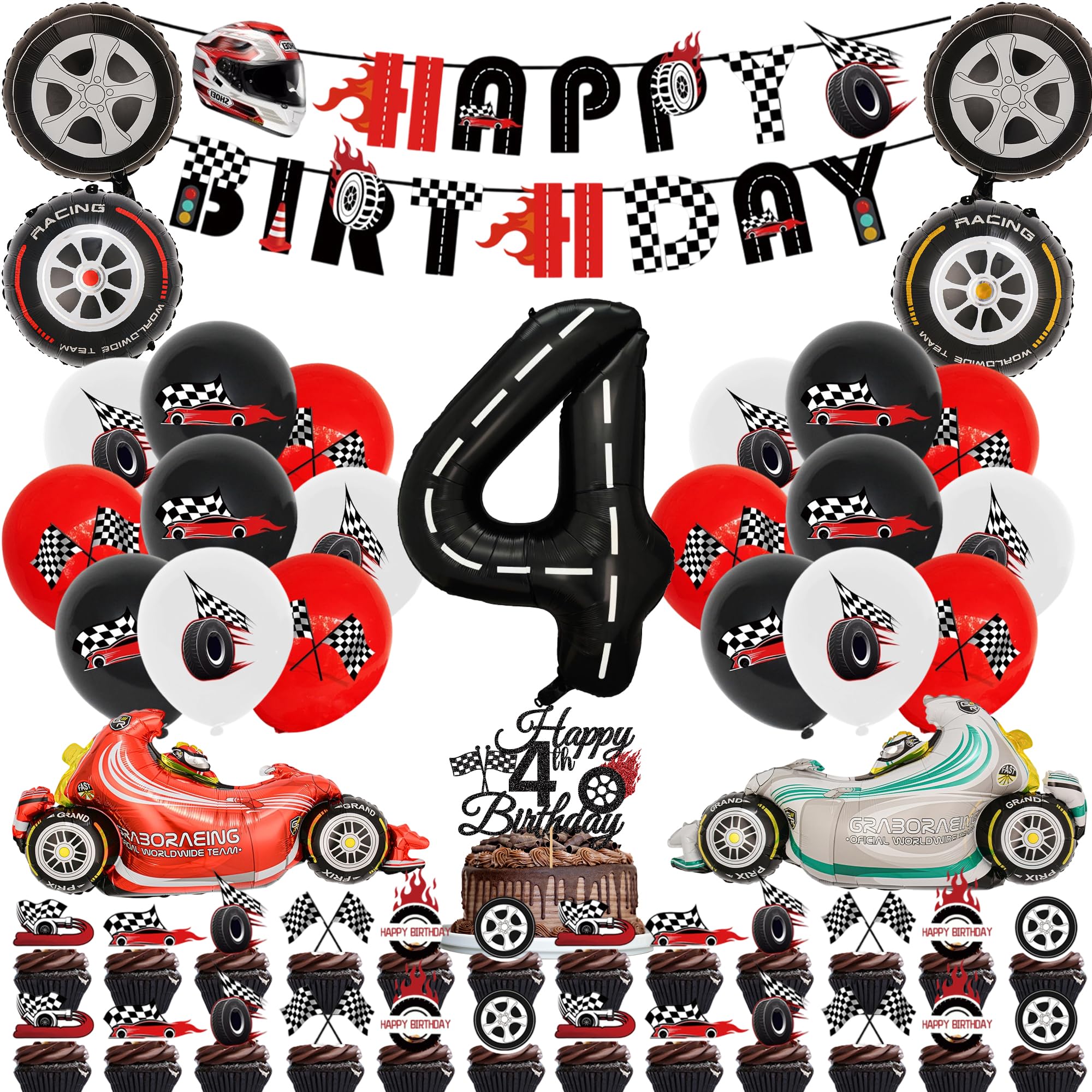LPPIIUSSU 4th Birthday Decorations Boy Balloons - 51 Pcs Race Car Birthday Decoration Including Banner, Number 4 Motorcycle Balloon and Cupcake Cake Toppers for 4 Year Old Kids Party Supplies