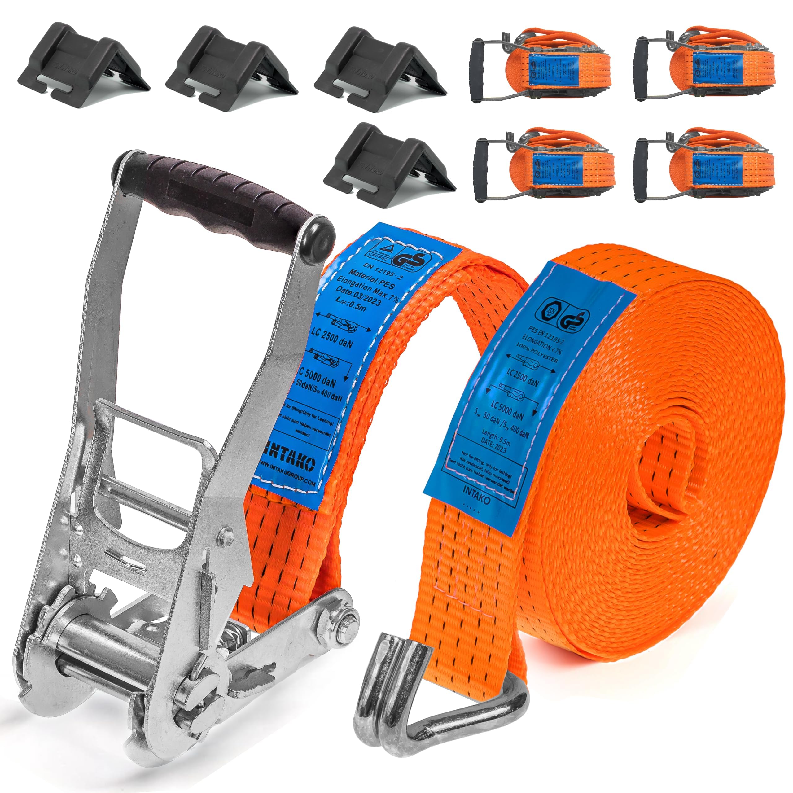 12m x 5000kg x 50mm - 4 Stück Spanngurte Mit Ratsche und Haken Inkl. 4 Stück Kantenschützer - Ladungssicherung Set 5T für LKW - 2 teiler Zurrgurt Breit 50mm- TÜV GS Geprüft - DIN EN 12195-2