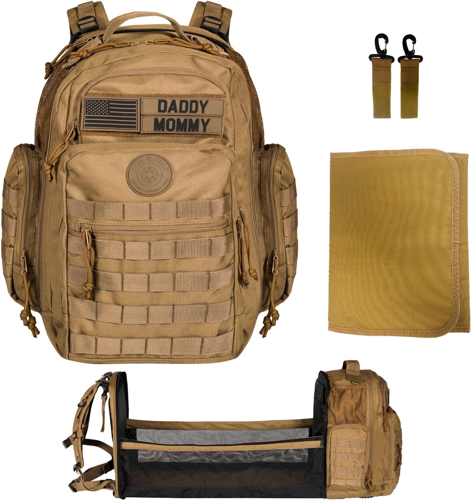 Phil & Jack Dad Diaper Bag Backpack, Baby Diaper Bag with Changing Station, Tactical Military Style, Womens Mens Diaper Bag, Coyote Brown, L, Tactical