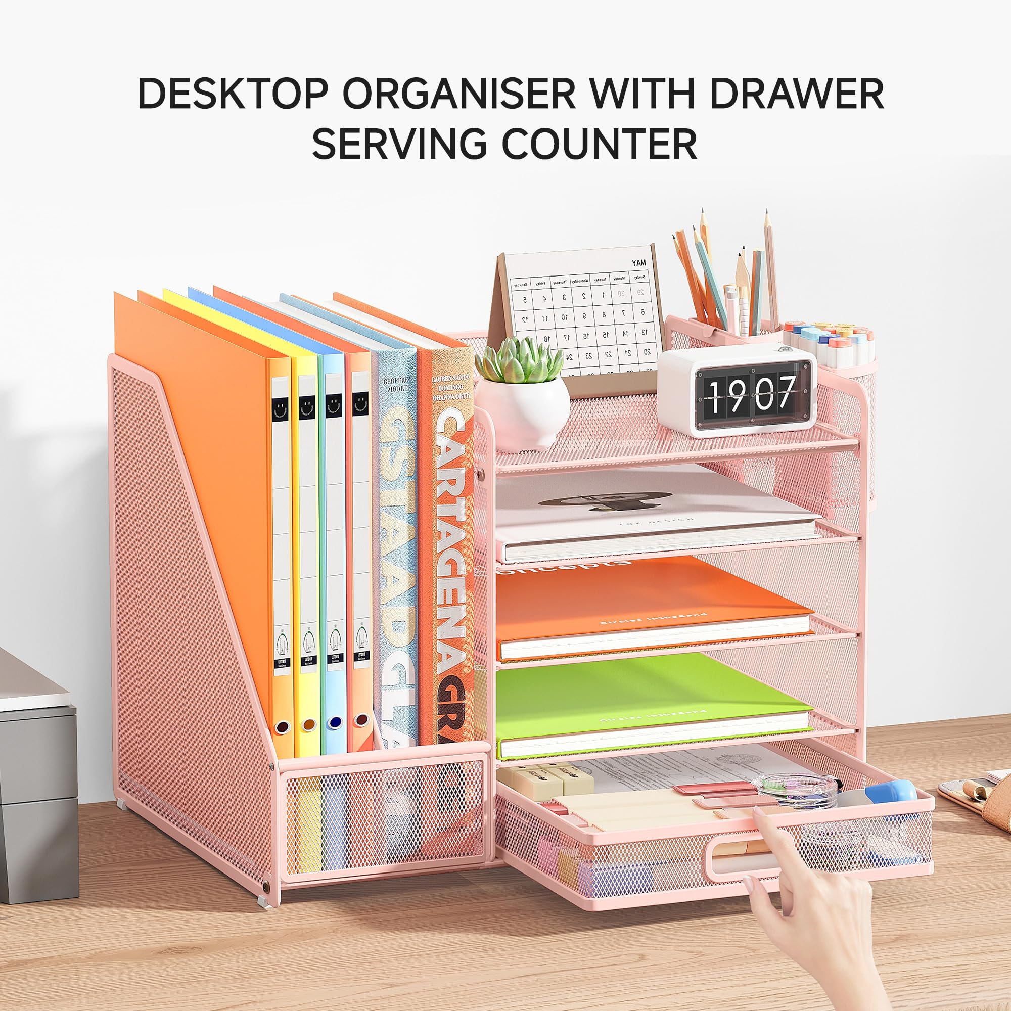 VITVITI Organizer Scrivania, 5 Livelli Portadocumenti con 2 Portariviste, Ufficio Accessori con 2 Portapenne, Organizer Ufficio con Cassettiera, Accessori Scrivania per Riviste, Casa, Scuola (Rosa)