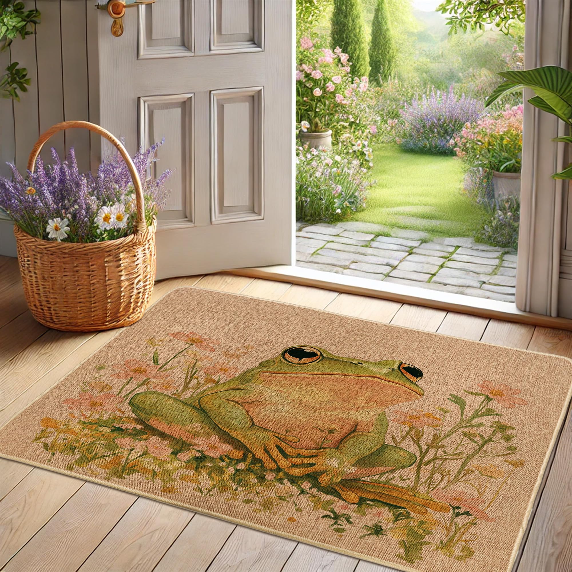 Spring Amphibian Doormat, Green Nature Door Mat for Outdoor & Indoor Entrance Garden Decor, Rubber Waterproof Non-Slip Dust Absorbent Front Doormat, Easy Clean 29x17 Inch