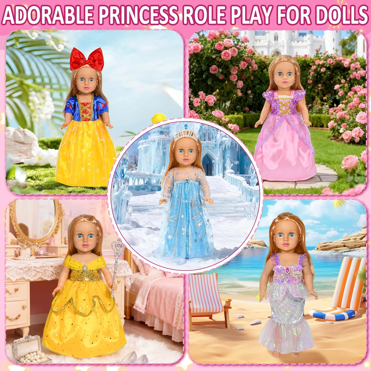 8 pcs American Doll Clothes Set for 18 inch Dolls, Doll Clothing Outfits Include 6 Different Princess Dresses, Crown, Hair Bow, Christmas Birthday Gift for Girls - Image 4
