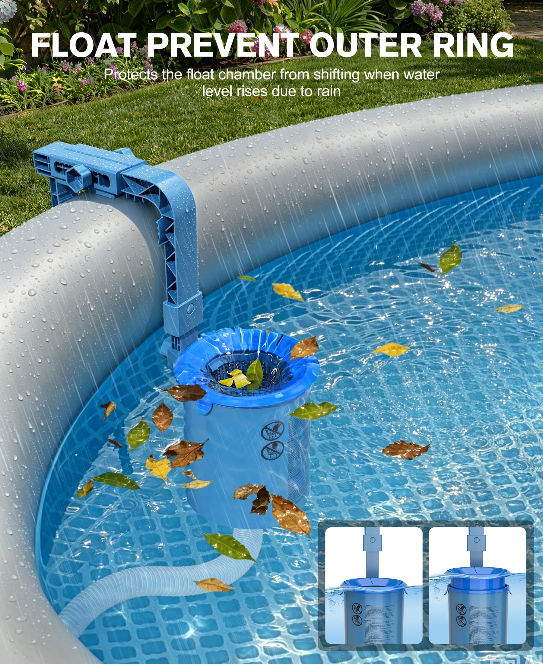 KIrSwp 2026 - Skimmer de piscina sobre el suelo con 3 calcetines de skimmer | Skimmer de superficie de montaje en pared, soporte mejorado - Antiinclinación | Cesta flotante extraíble para piscina