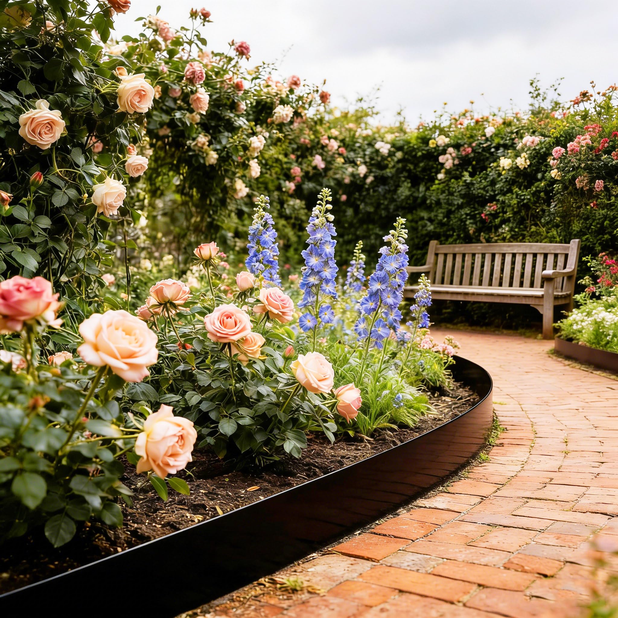 Schwarz Rasenkanten 15cm Hoch Verzinkt Stahl Beeteinfassung Garten Beetumrandung 40 Stück 100cm Mähkante Metall Wurzelsperre Palisaden Stecksystem Rasenkantenband für Wege, Rasenflächen (40m)
