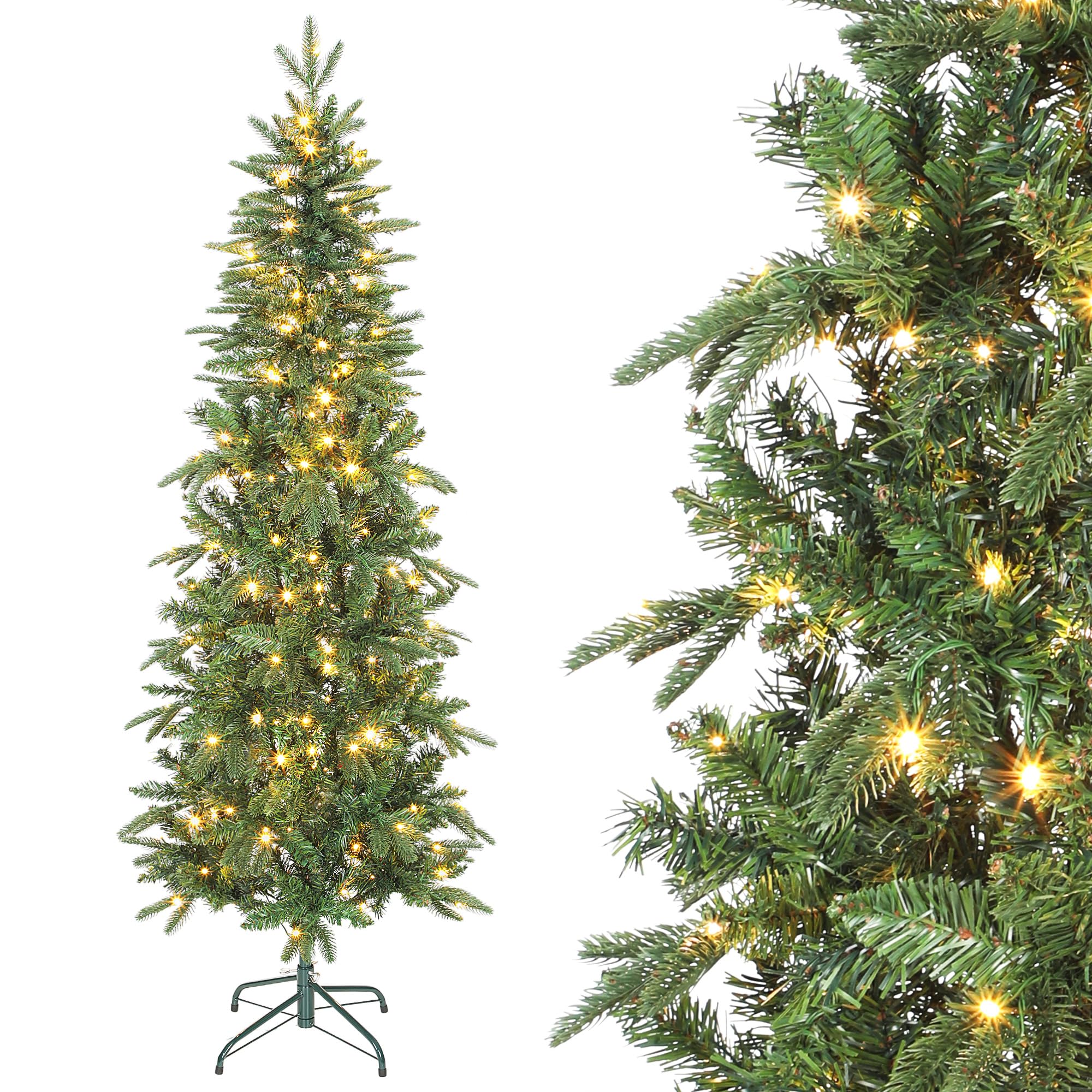 HOMCOM Sapin de Noël Artificiel 180 cm Arbre de Noël Slim 200 Lumières Vert | Blanches Chaudes, 8 Modes d'Éclairage, 605 Pointes de Branche Articulée, Support en Métal, Plastique Ignifuge