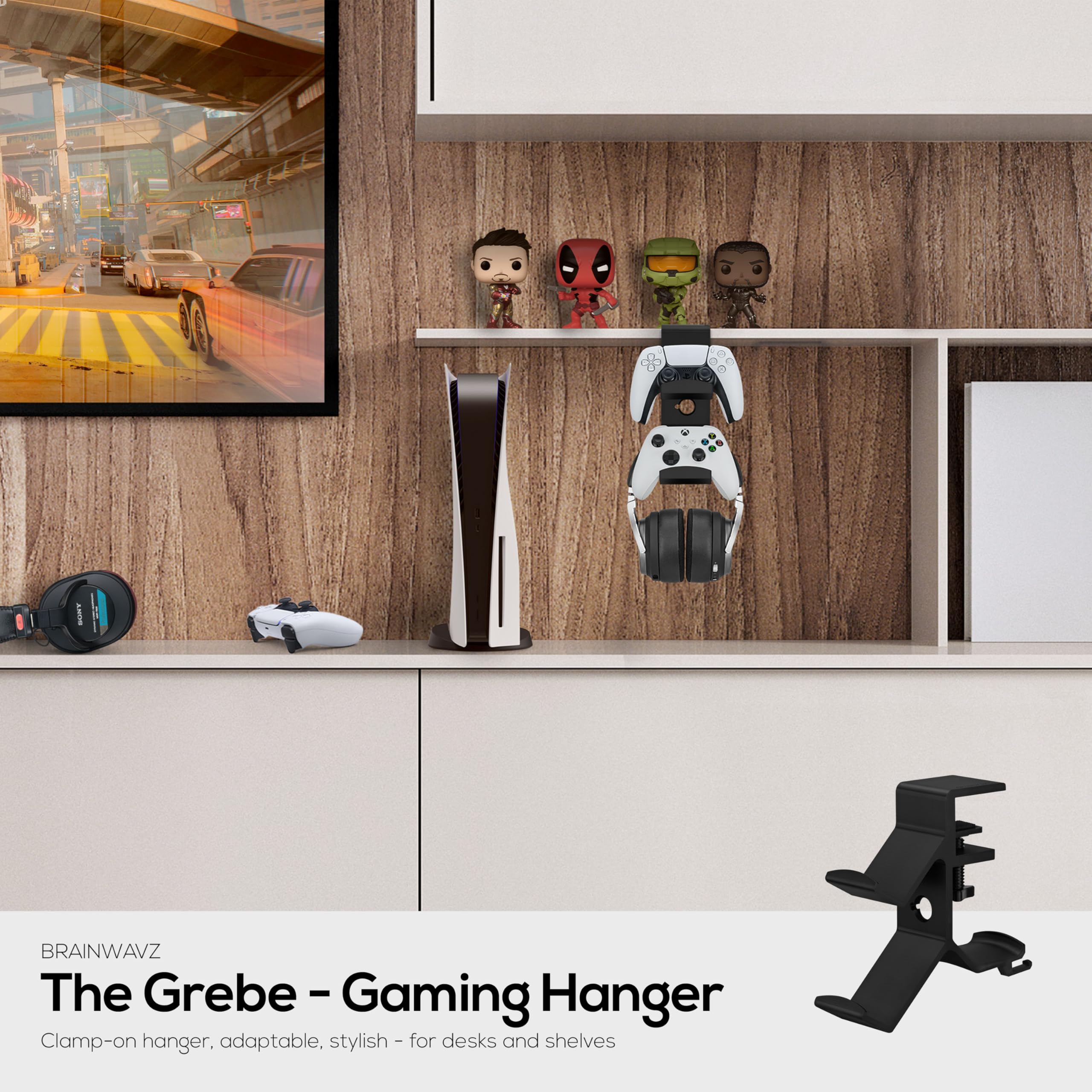 BRAINWAVZ The Grebe - Soporte para auriculares y controlador de juego dual - Se fija al lado del escritorio, soporte para auriculares debajo del escritorio, adecuado para todos los auriculares y
