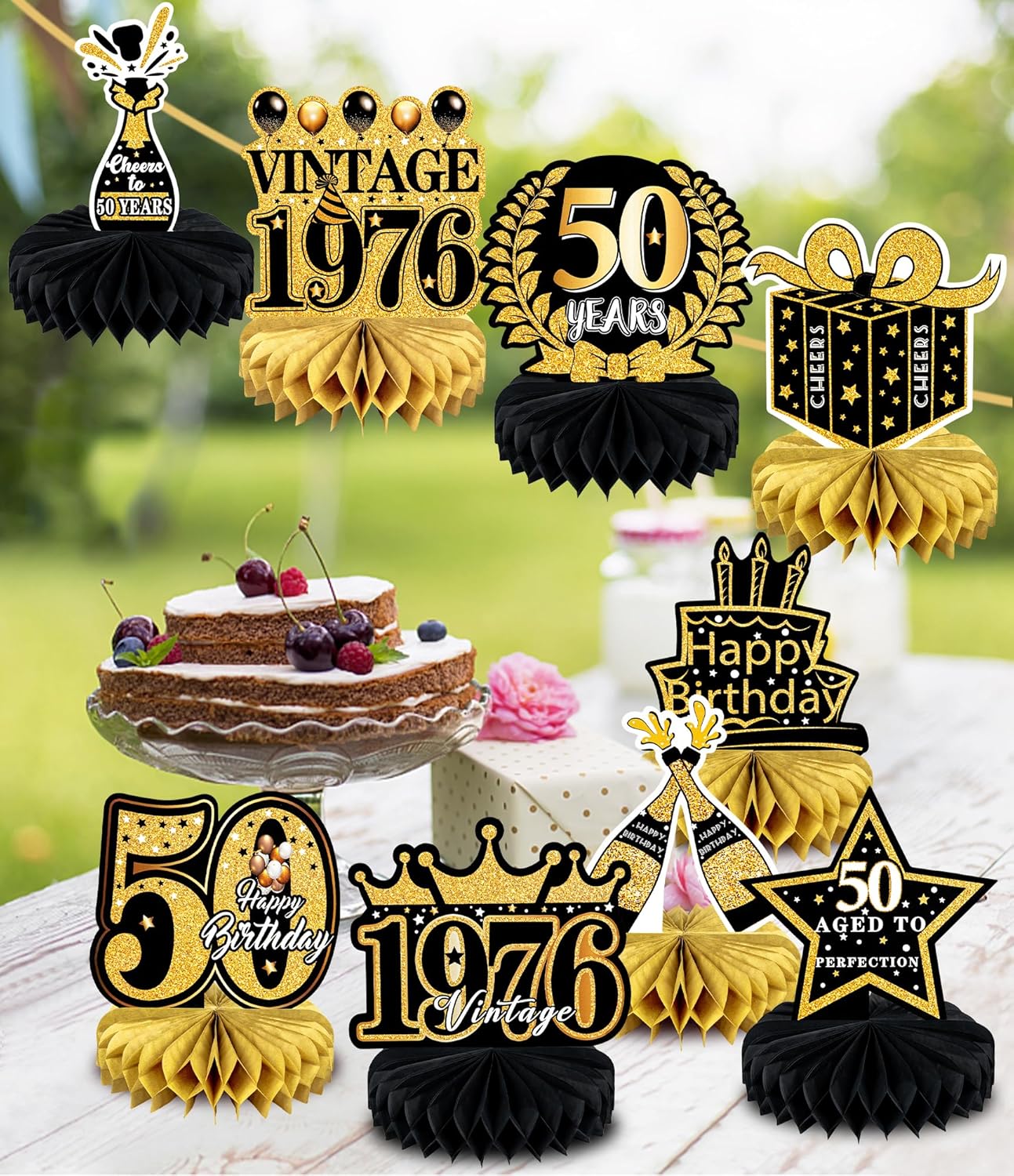 9 Pcs 50th Birthday Decoration for Men Women 50th Birthday Table Decorations Cheers to 50th Birthday Honeycomb Centerpieces Table Topper Black and Gold 50th Birthday Party Favors - Image 6