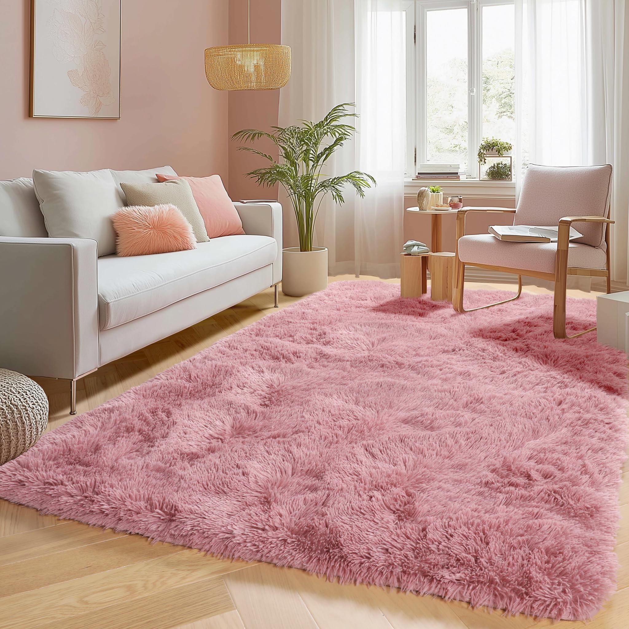 PAGISOFE Shaggy Fluffy Area Rugs Carpets for Girls Room Baby Nursery Teens Rooms 4x6 Feet Pink Plush Fuzzy Shag Rugs for Kids Bedroom Home Decor