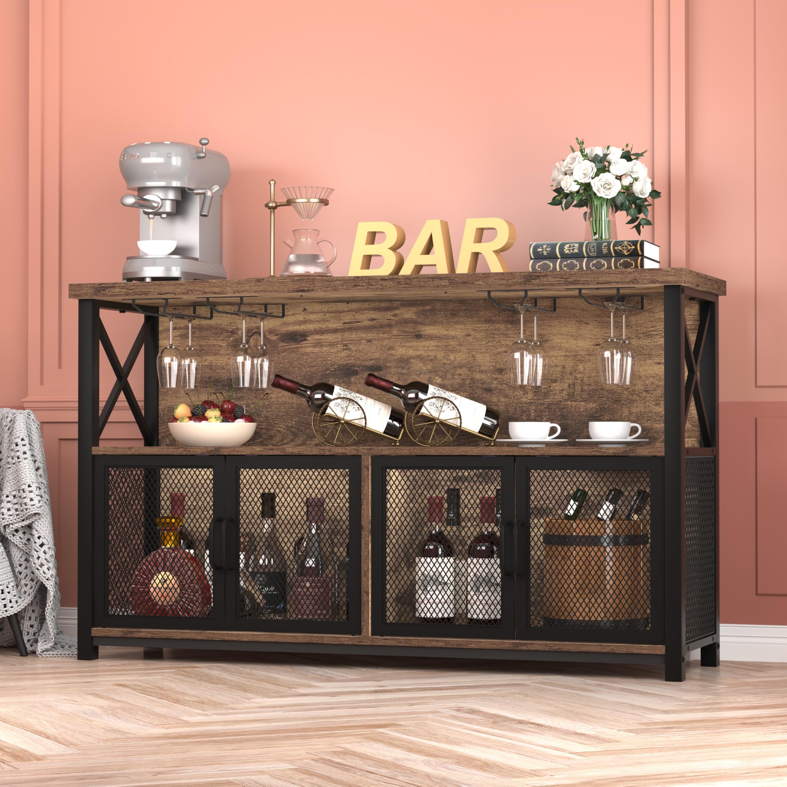 LVB Industrieller Kaffeebar-Schrank, Bauernhaus-Weinbarschrank für Likör und Gläser, Metall-Holz, Sideboard, Buffet, Likörschrank und Weinregal mit Stauraum für Zuhause, Esszimmer, Küche, rustikales