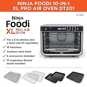 Ninja Air Fryer & Toaster Oven | Foodi Series, XL Pro Air Oven Kitchen Countertop Convection | 10-in-1 Functions | Fits a 5-lb Chicken & Sheet Pan of Vegetables | 1800 Watts | Stainless Steel | DT201