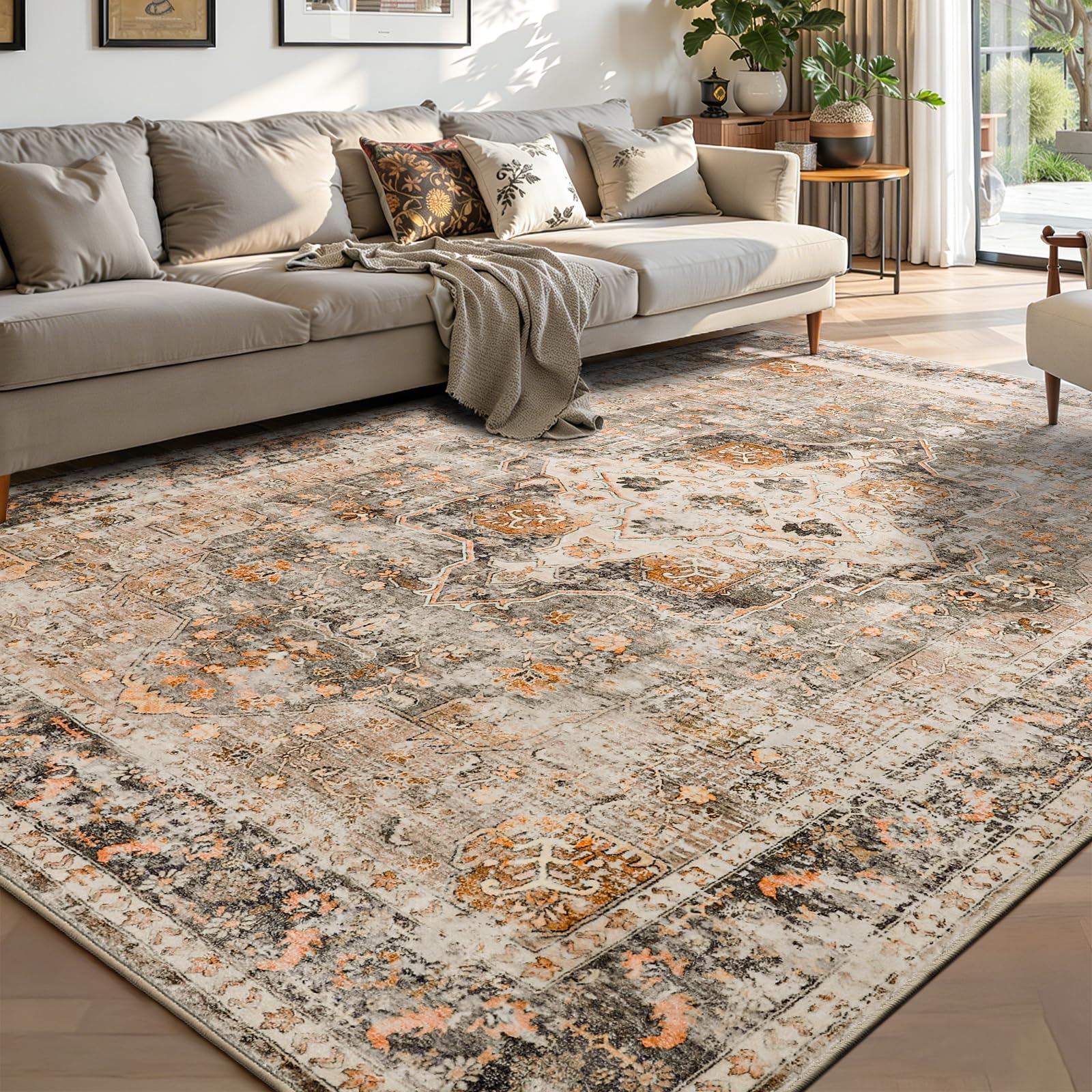 YOH Boho Washable Rug 4x6, Terracotta Vintage Non Slip Area Rug, Distressed Indoor Carpet for Living Room Bedroom Kitchen Office