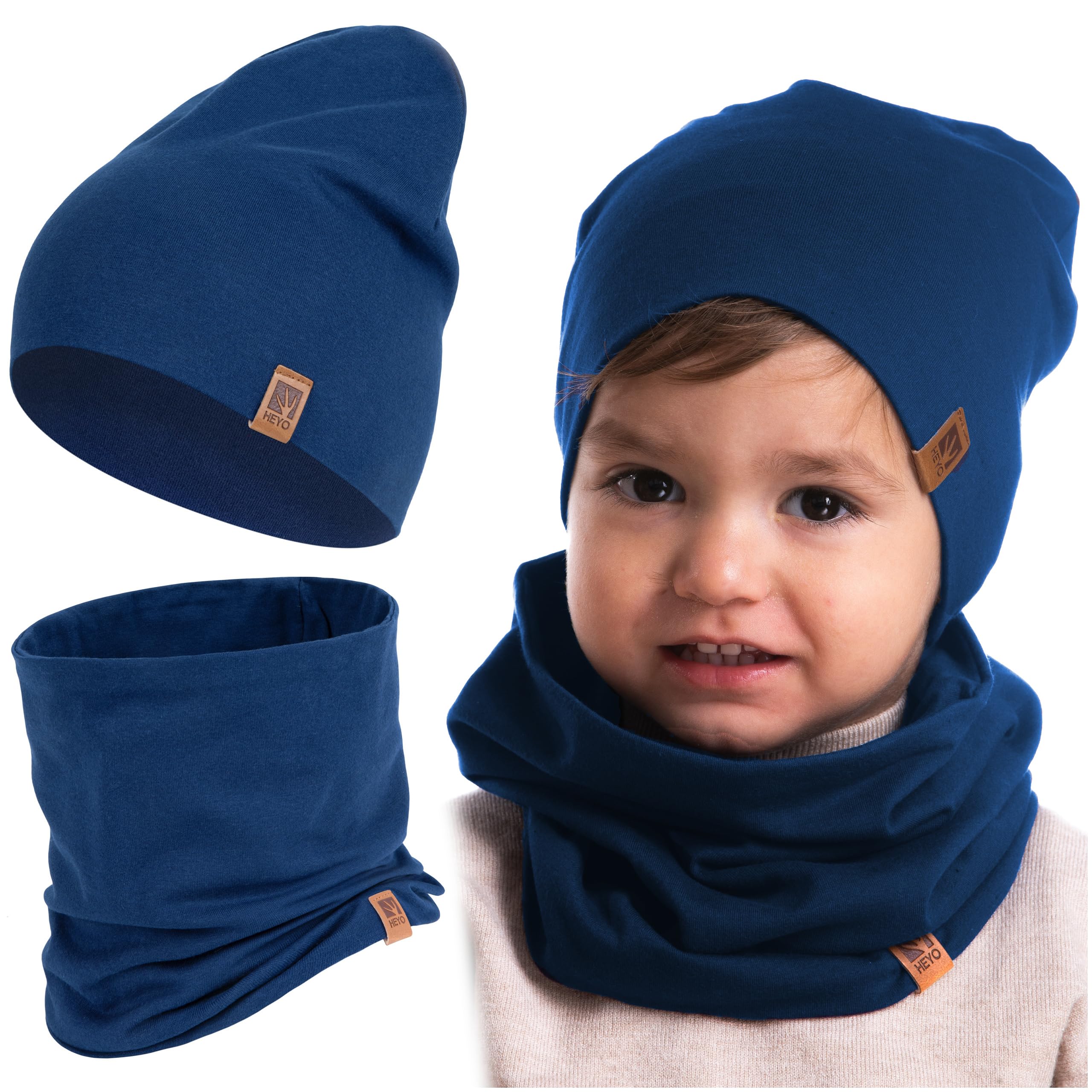 Heyo Girls Darkblue Children's Beanie Hat Tube Scarf Cotton Round Scarf Soft Boys Autumn Spring Set Autumn Set, One Size