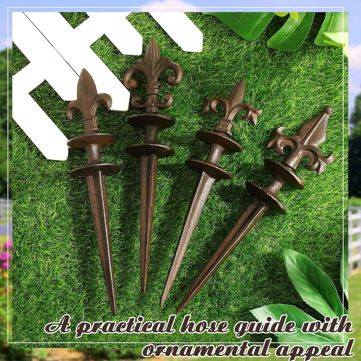 4 Pcs Antique Garden Hose Guide Spike, 13.7" Fleur De Lis Decorative Cast Iron Finial Stakes Heavy Duty Metal Plant Saver Tools Outdoor Hose Protection for Lawn Yard Patio(Rust,Assorted Styles)
