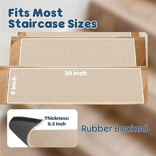 Miniatura 2 de GOYLSER Peldaños antideslizantes para escaleras de madera en interiores, 15 piezas de alfombrillas para escalones beige con respaldo de goma