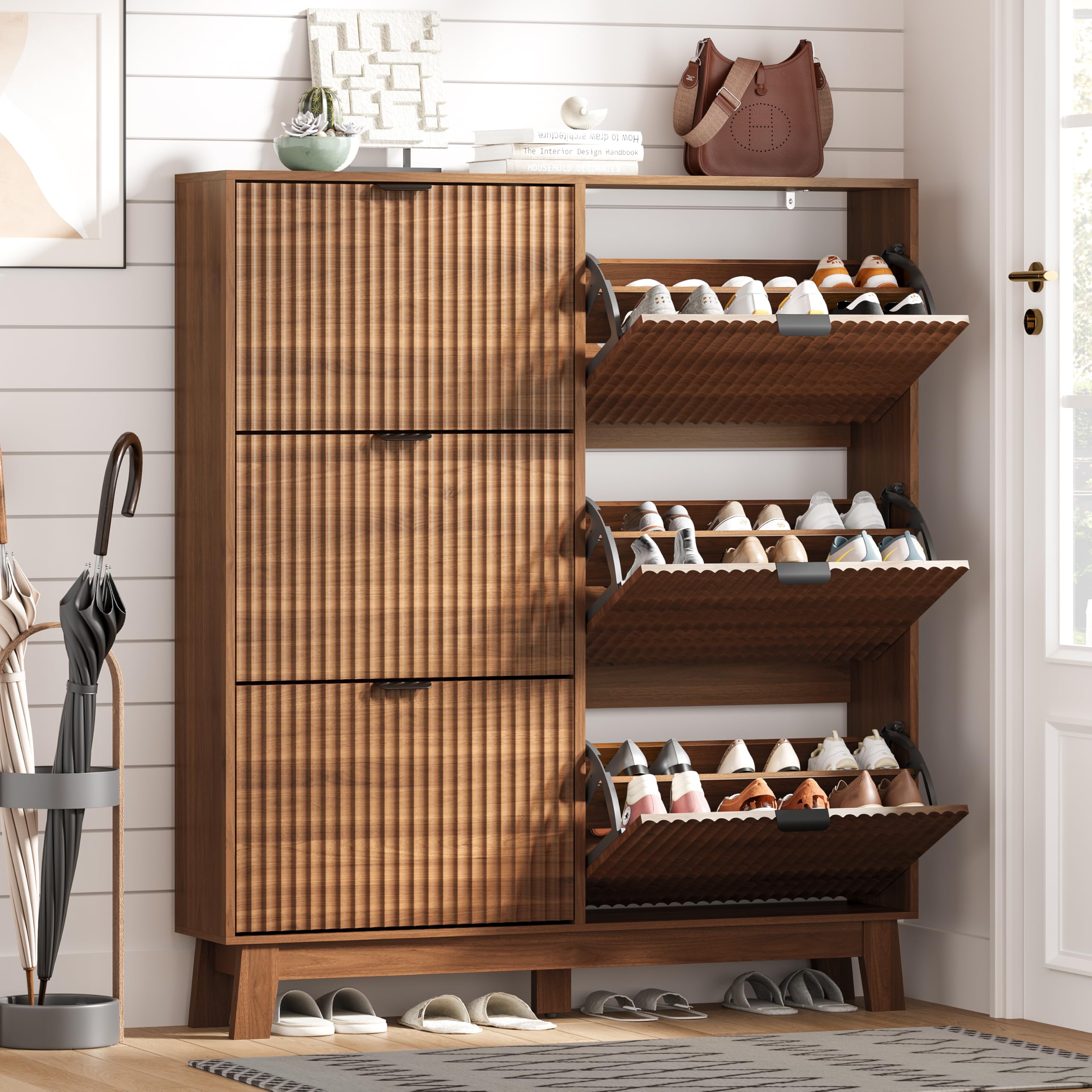 HUANLEGO Shoe Cabinet Storage for Entryway with 6 Flip Drawers, Walnut