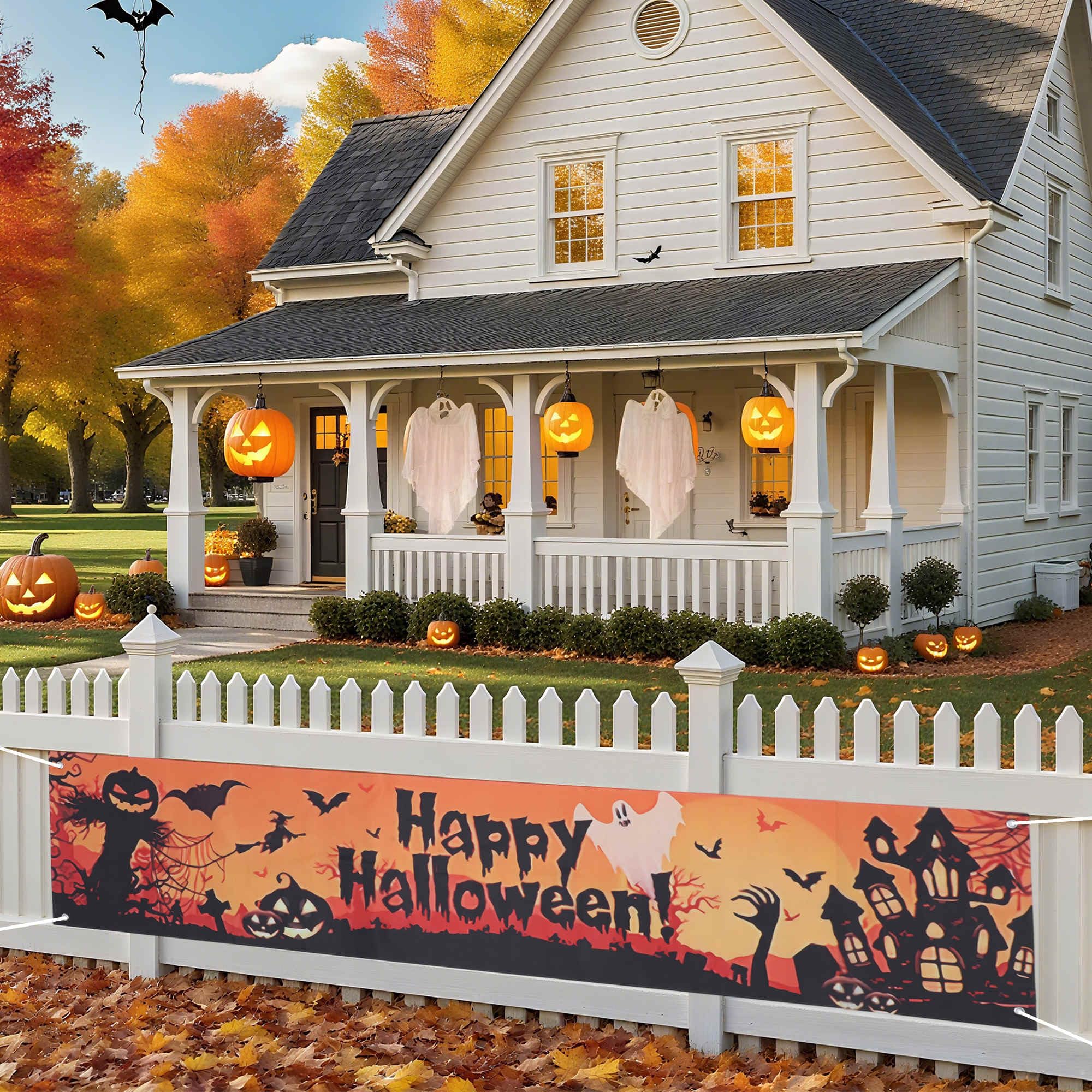Gyrodymix Happy Halloween Banner 70.87x15.75 Inch Long Outdoor Graveyard Signs for Yard Decorations
