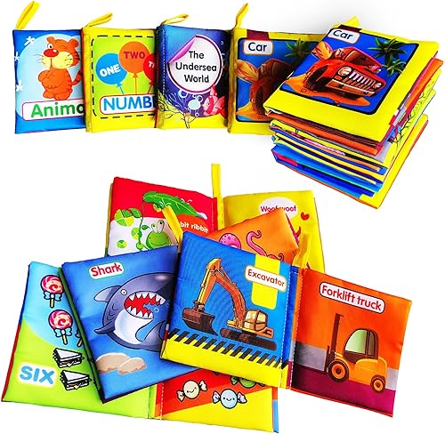 Libro de tela suave para bebé, libro de aprendizaje de tela colorida (paquete de 4), sonido arrugado para tocar y sentir, juguete educativo