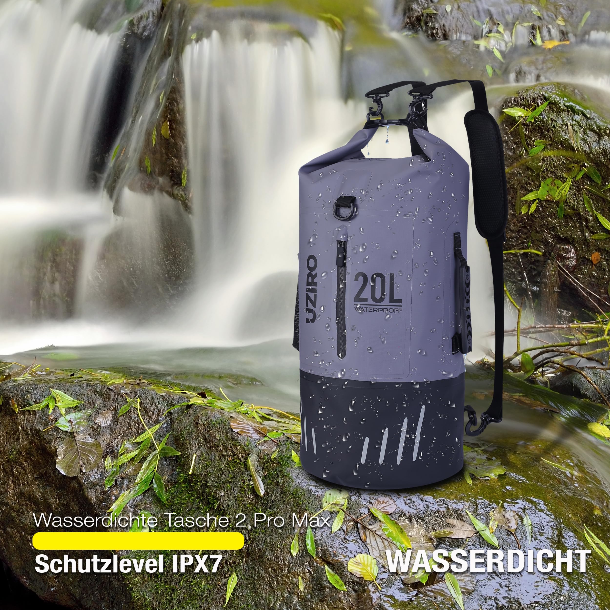 UZIRO Bolsa Estanca 20L, Mochila Impermeable para Kayak, Piscina, Pesca y Natación, Dry Bag Acuático, Resistente al Agua, Ideal para Actividades al Aire Libre, Color Gris