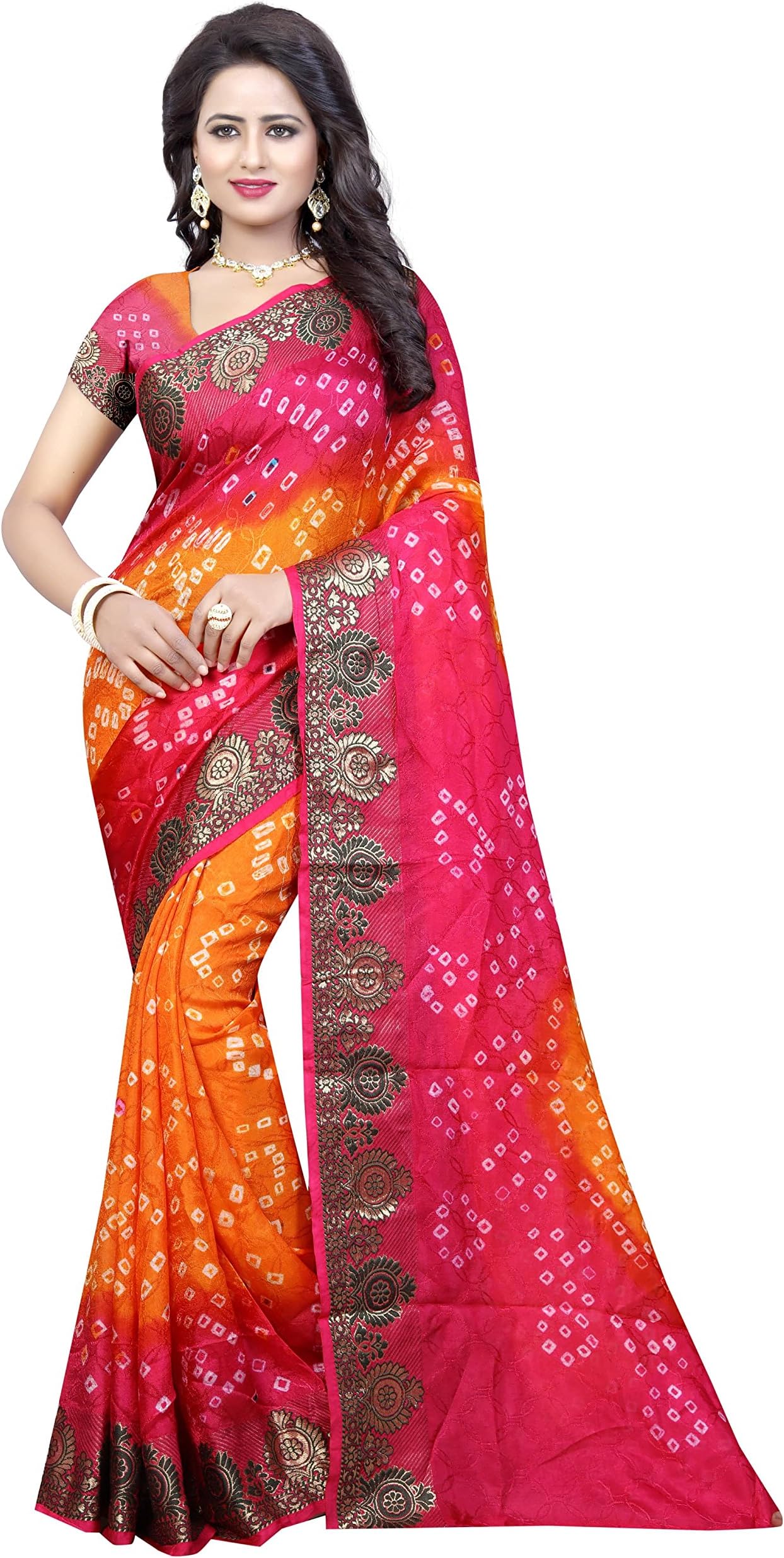 Dealsure Women's Art Silk Woven Bandhani Saree with Unstitched Blouse Piece.(Pink Orange)