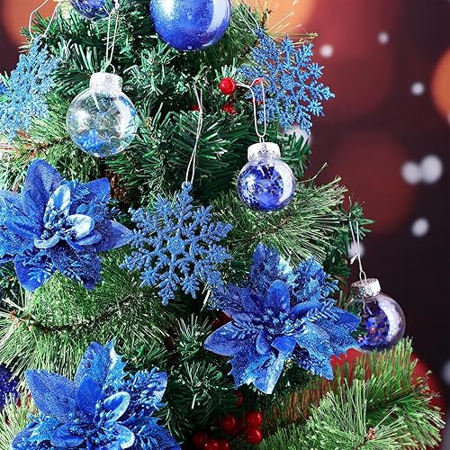 Miniatura 10 de Jenaai Juego de 74 adornos de bolas de Navidad de plástico, irrompibles, con cintas colgantes de copos de nieve, flores de pascua artificiales para