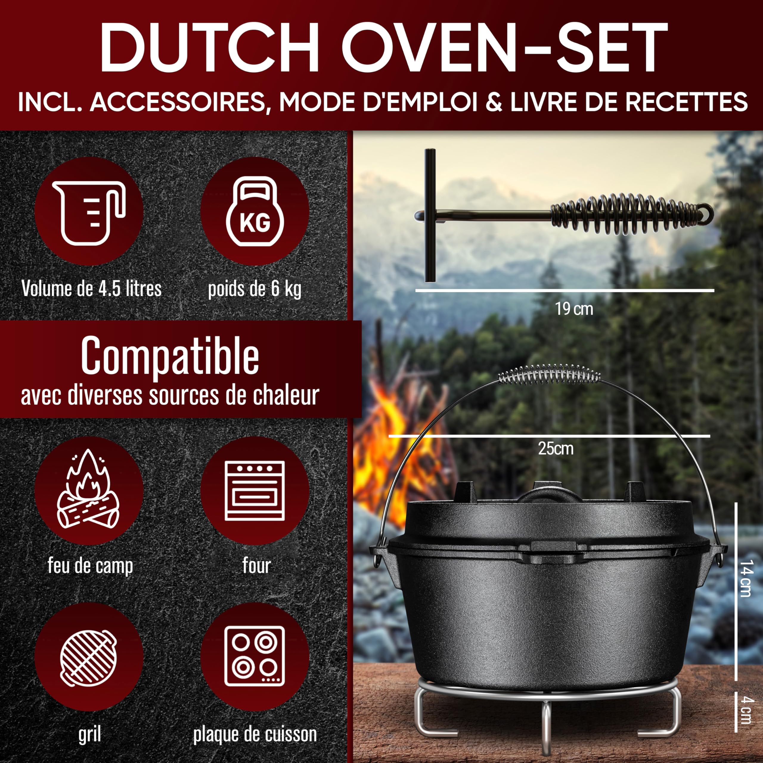 GUSSKÖNIG Ensemble de Dutch Oven - Dutch Oven de 4.5Litres déjà culotté - Feuertopf en fonte sans pieds - Cocotte multifonction - avec lève-couvercle 2 en 1 et livre de recettes Dutch Oven