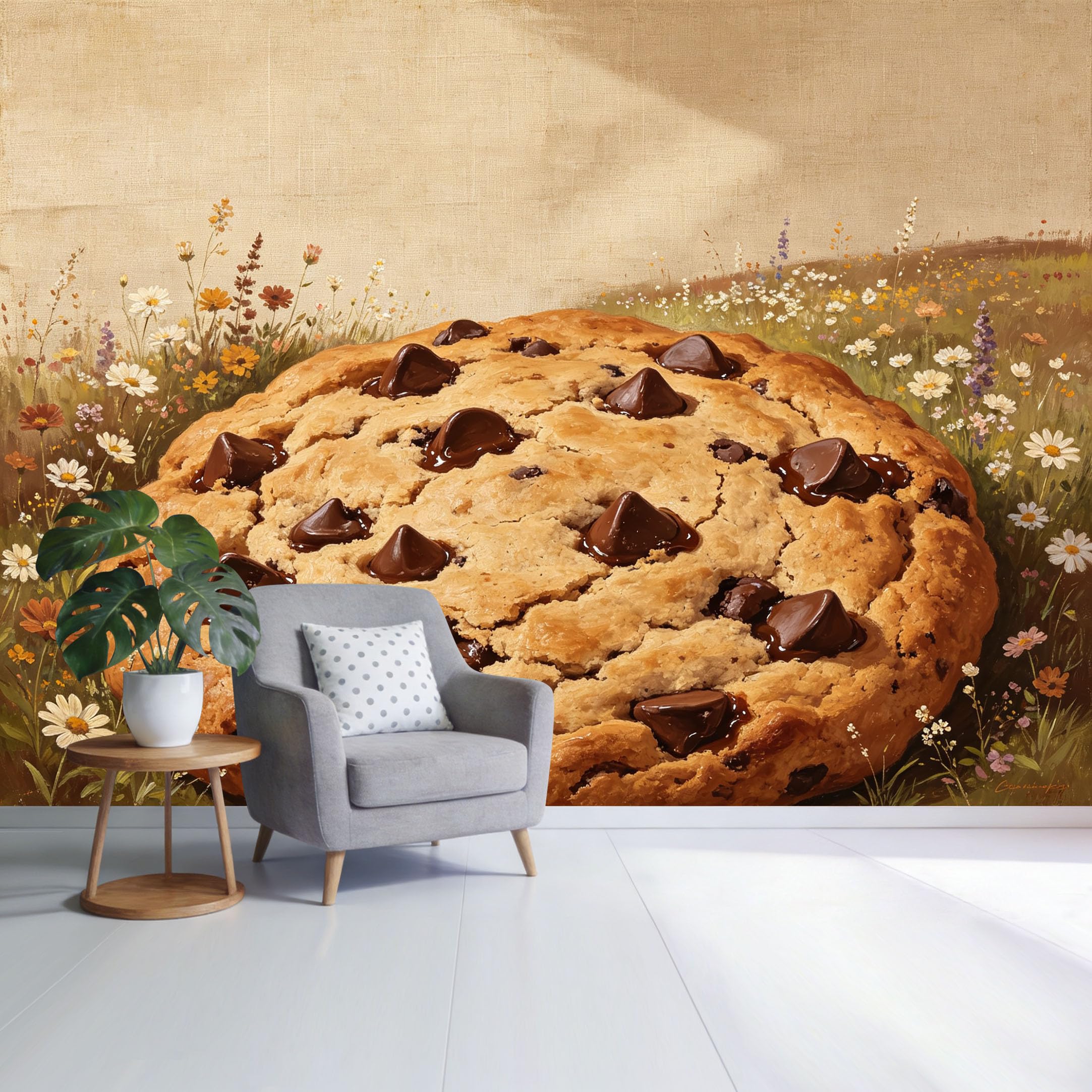 Custom Size Wall Mural Vintage Chocolate Chip Cookie with Wildflower Meadow Oil Painting Style SelfAdhesive Wall Fabric Removable Wallpaper for Home Office Decor