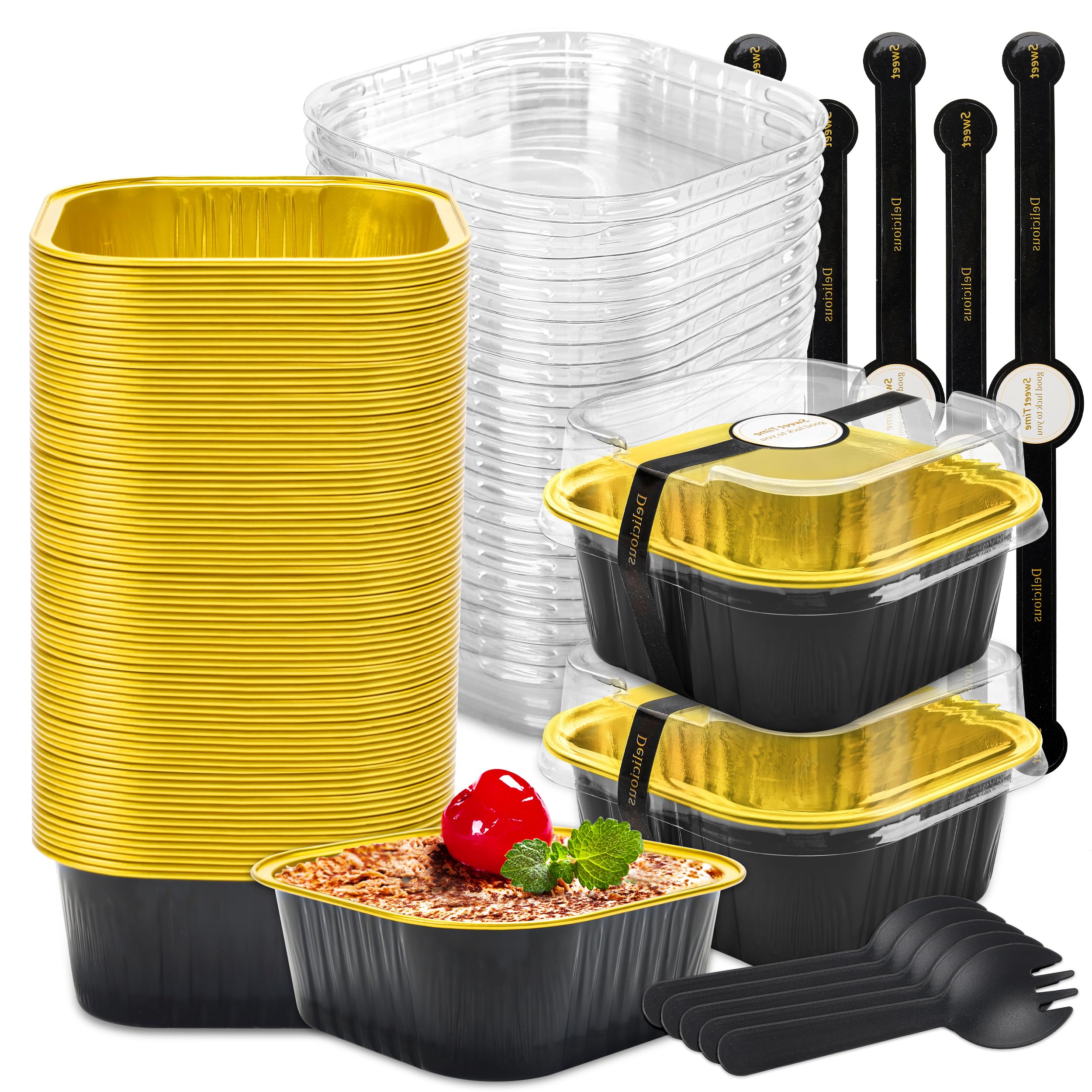 Paquete de 60 mini moldes para tartas con tapas, moldes cuadrados de aluminio con tapas, para cumpleaños, boda, fiesta, regalo (negro dorado, 5 onzas)