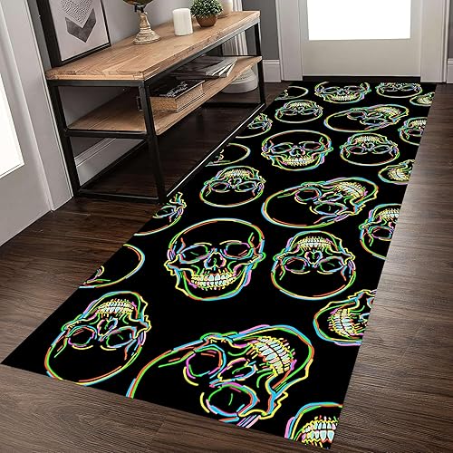Alfombra de esqueleto de cráneo de 1.3 x 7 pies, diseño gótico de esqueleto de terror Cyberpunk colores brillantes y brillantes, ultrafina,