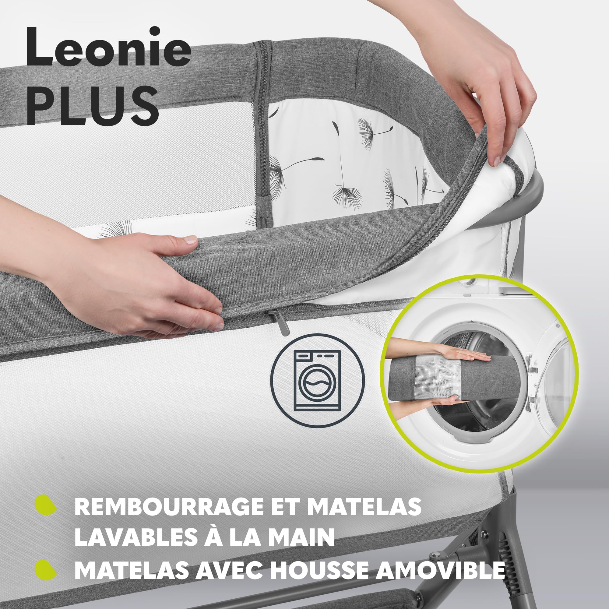lionelo Leonie Plus Lit Bébé 3 en 1 Jusqu’à 9kg, Cododo et Berceau, Hauteur Réglable, Parois Aérées, Côté Amovible, Grand Panier